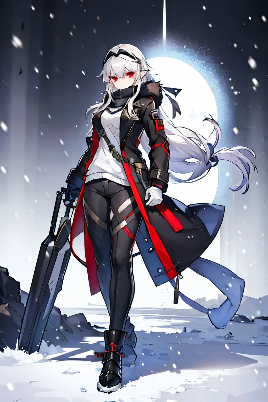 (masterpiece), best quality, expressive eyes, perfect face, sharp eyes, 1girl, solo, medium height, young adult, young woman, big , (long hair, white hair, side locks, bangs, wavy hair), (red eyes, death glare, serious, menacing, leadership aura, glowing eye), average height, medium height, heels, (black pants, snow pants, baggy pants, big pants), (winter goggles, scarf, rhodes island outfit), (black scarf, grey undershirt, winter jacket, jacket, winter wear, accessories, big jacket, semi modern, fluffy jacket, hood, winter wear, brown boots, vintage styled outfits, white middle, white ribbon, (big bust, beautiful young woman, pretty girl, pointed ears, elf ears, pointed ear, bangs), (thick thighs, sexy, winter snow goggles, snow goggles)