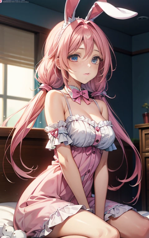 {{masterpiece}}，highest quality，Highly detailed CG Unity 8K wallpaper，one woman，movie lighting，lens flare glow, perfect style, perfect body, clear beautiful eyes, long eyelashes, Anime girl with pink hair and rabbit ears is sitting on the bed。, pink twintail hair and cyan eyes, Cute anime wife in a nice dress, splash art anime , magical girl portrait, Trending on Art Station Pixiv, Highest rating on pixiv, anime style 4k, anime moe art style,