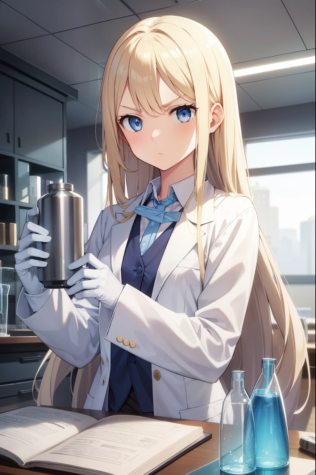 Science Lab,scientist,white clothes,1 girl,blonde,long hair,blue eyes,serious face,Flask on the desk
