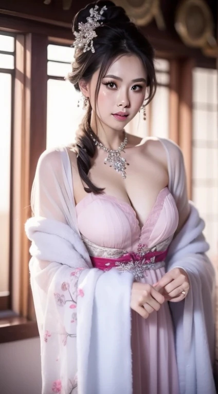 fashion model 20 years old [[[[特写cleavage]]]]Huge long saggy breasts, looking at the audience，cleavage，cleavage, [[[[]]]], [[[[Cole]]]], [[[[bshoulder]]]], perfect eyes, perfect iris，perfect lips，perfect teeth，Perfect skin，long face，Soft headlight，high dynamic range，movie girl，casual，The background is peach blossoms，without hat，（pastel colors：1.2）