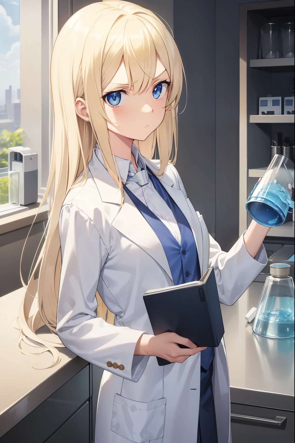 Science Lab,scientist,white clothes,1 girl,blonde,long hair,blue eyes,serious face,Flask on the desk