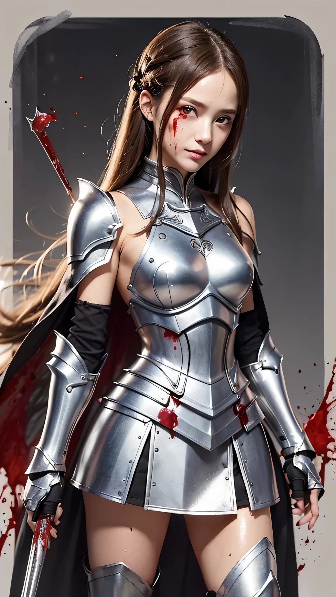 8K,(Asuna(star): 1.6),one girl, alone,(perfect anatomy:1.43), (medium hair:1.55) ,(half up:1.45),bangs, brown eyes,fine eyes,(sad smile:1.3),white stockings,(brown hair:1.6),blood soaked boots,(18-year-old:1.5),full body,(Fusion of bloody silver full plate armor and blood soaked long cloak.:1.63),(bare shoulders:1.5),(mini skirt:1.26),(He has a rapier covered in blood.:1.43),(Standing on the battlefield in a pool of blood on a moonlit night:1.52),fantasy,(blood effect:1.53),throw,eye level view,(cast a shadow:1.21)