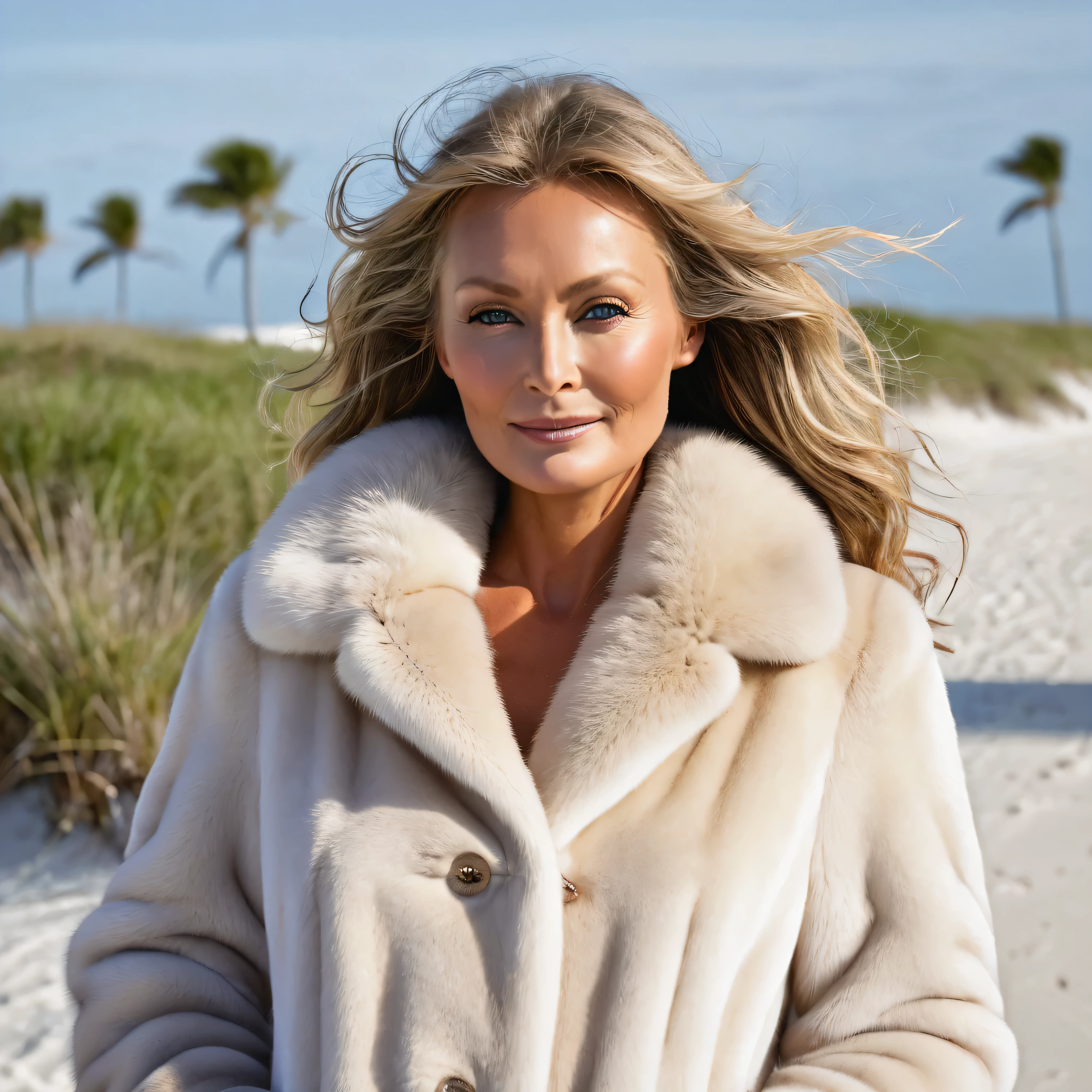 A very wide and very thick, very short sand mink fur coat, fifty centimeters thick, duveteux, naturel, with an ultra thick white and sand mink fur collar, three layers, sur very young Bo Derek, souriante, fully nude front view, bare shoulders, and two large breast discovered by the fur, at sunny Ocean Drive , Florida , en haute résolution de la plus high quality、,Photo 8K HDR), Realistic texture, realistic shadows, (dynamic subdued lighting), (centered within the framework), (Very detailed:1.2), Fond d'8k screen, high quality, grain de film, Fujifilm XT3, (Very detailed skin), ((gaping and :1.3)), messy hair, ,
