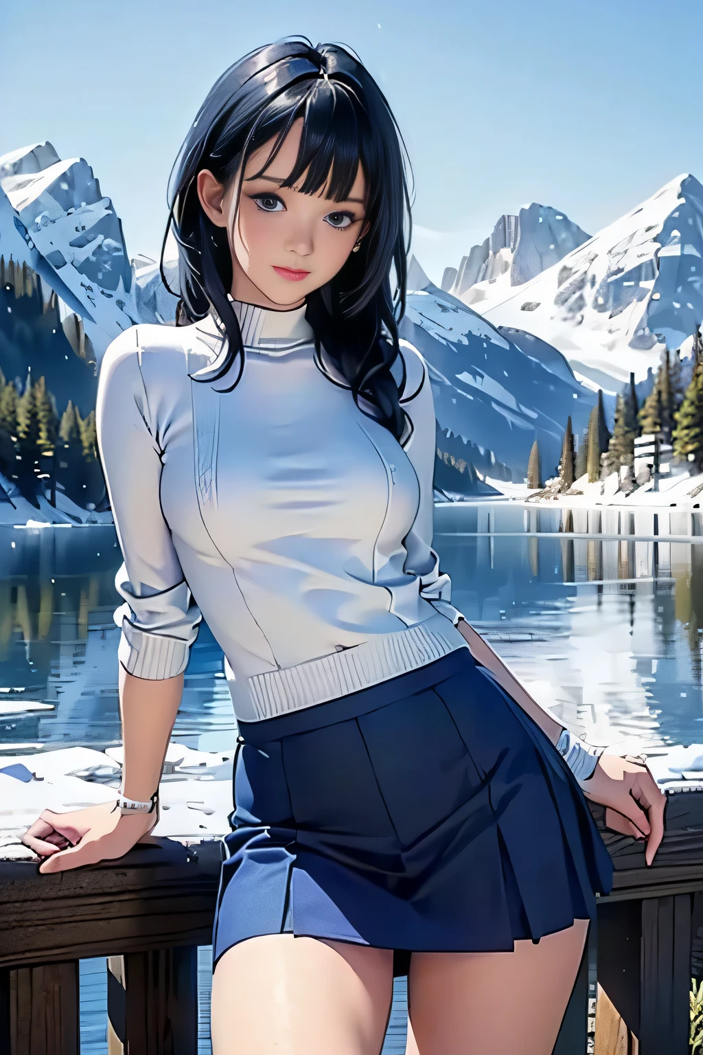 (Bright blue one piece y knit sweater),(low angle,from below,skirt lift,panot,elegant beautiful white laced panties)l,cute,young,Semi long beautiful dark blue hair,blunt bangs,beautiful blue eyes)),(solo),((masterpiece, highest resolution,best quality)), (beautiful illustration), (looking at the viewer), innocent smile,cinematic lighting,beautiful icy lake and mountains,flowers,trees,snow,blue sky
