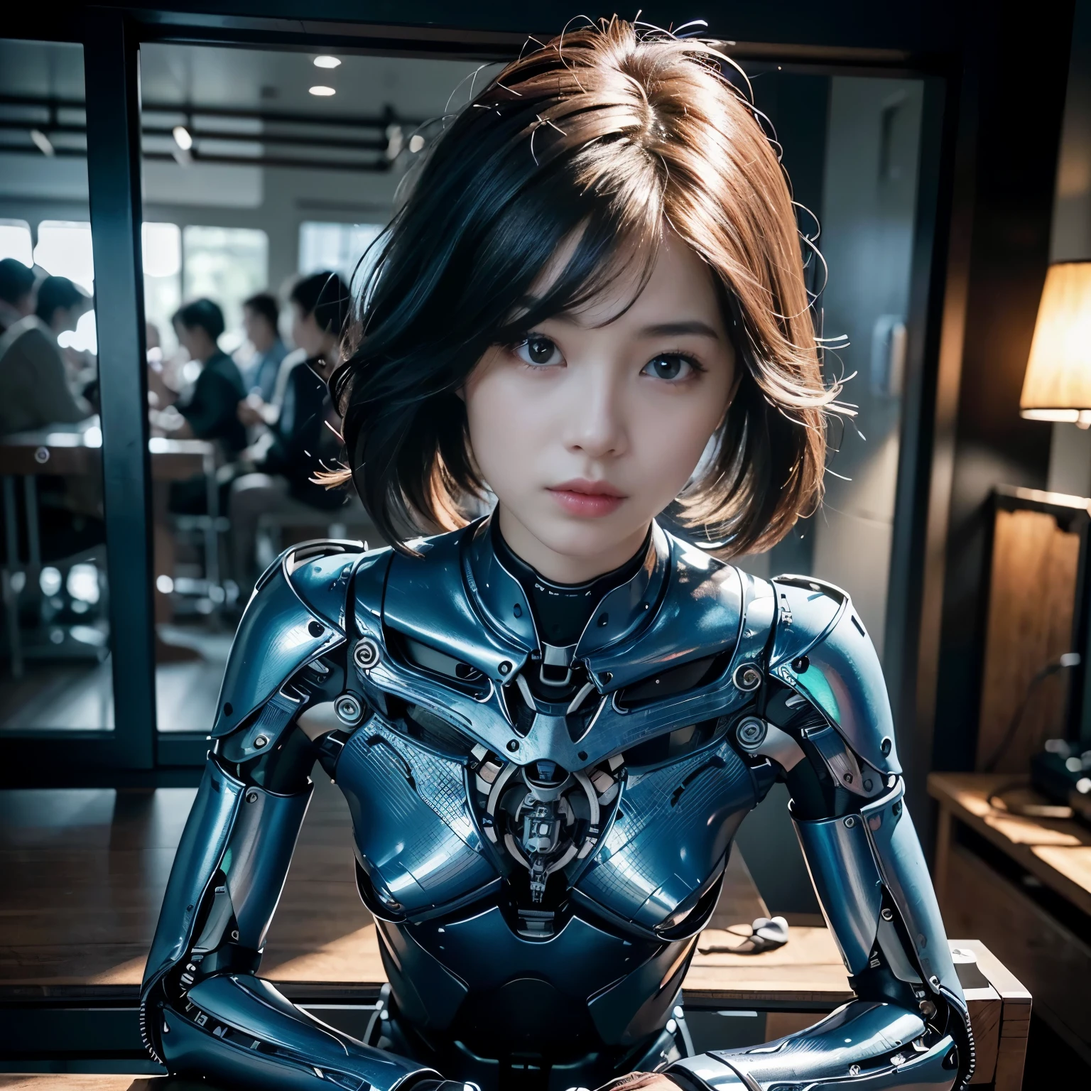 (best quality:1.2), 8k, highres, octan render, (masterpiece), extremely ultra detail, cyborgized Japanese woman, extremely ultra cute face, , skinny body, flat chest, (blue metallic mechanical frame:1.5), (Power cables connected throughout the body), detaile up, Instead of hair, there are cables growing out of it, mechanical fusion, mechanical skeleton, bio mechanics, mechanical life-form, highly intricate detail, extremely ultra real texture, human-like skin, realistic hair, ultra realistic details, professional lighting, (realistic:1.4), (RAW photo:1.2), (photorealistic:1.5)