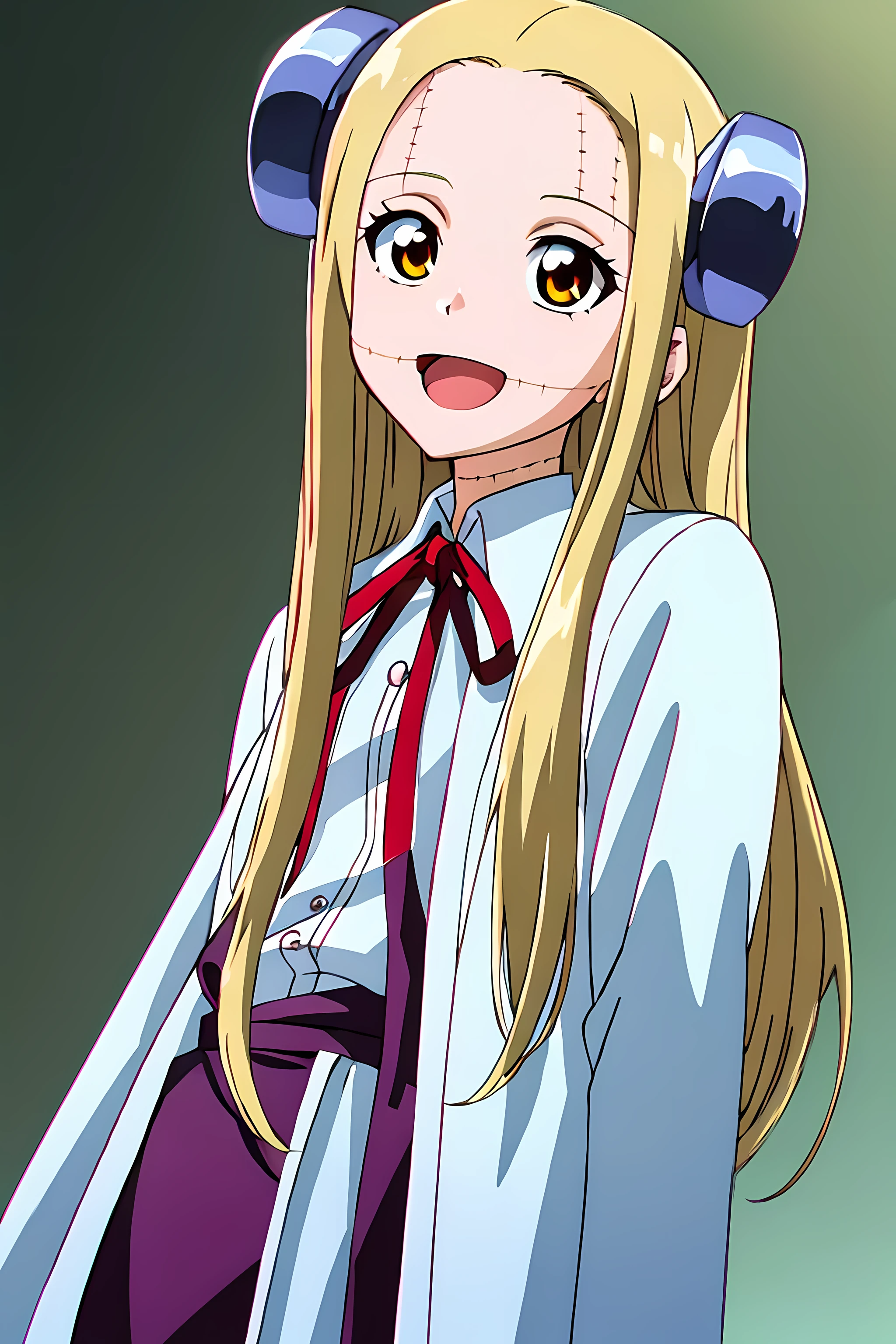 (highest quality:1.3),(ultra-become familiar with:1.5),High resolution,extremely become familiar with CG,unity 8k wallpaper,official art,become familiar with,super become familiar with skin,perfect anatomy,beautiful become familiar with eyes,(anime screenshot:1.11),very delicate and beautiful,(90s anime,90s anime style,cel shaded anime:1.17),1 girl,anmnr, 
((madaraki_fran:1.52)),Light blonde long hair,brown eyes,((((wearing a white coat)))),stitch,body scars,creepy look,open mouth smile,