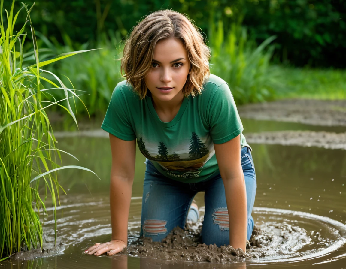 (best quality,4k,8k,highres,masterpiece:1.2), ultra-detailed, (realistic,photorealistic,photo-realistic:1.37), 70s setting, A young girl with short hair, dressed in an old T-shirt and jeans, carefully steps into the muddy water of the pond. She is on her knees, lowering herself onto her butt into the soft ground. Her facial expression reflects a mixture of excitement and pleasure. The nature surrounding her is green trees and grass, bushes and small stones are visible in the background. Light shines through the foliage, creating patterns on the surface of the water and mud. An atmosphere of mystery and exploration of one’s own feelings