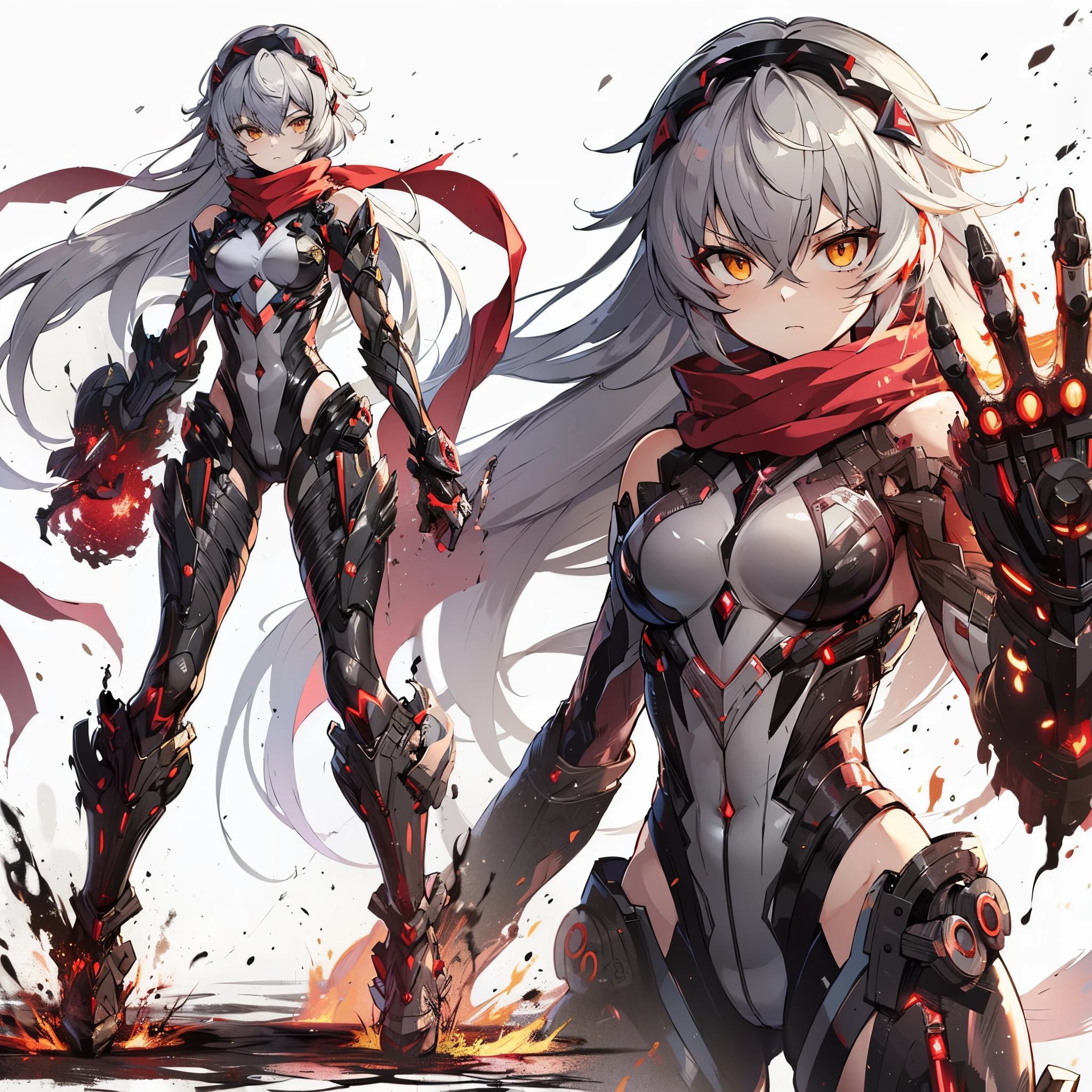 (Masterpiece, Top Quality), (Fine Hair), Ultra-Detailed, Anime Style, Solo, Full Length, Concept Art, Setting Paintings, Cyber grappler Girl, Ash-Gray Hair and Yellow Eyes, Body-Fitting Thin High-Tech Suit and Red Scarf, Face Exposed Cyber Headgear, Huge Gauntlets, gigantic palm, fighting Pose, supernatural red and black flames, Wearing huge mechanical boots, White background, Standing full length, Digital painting, Standing on burnt earth, ((Senki Zesshou Symphogear))
