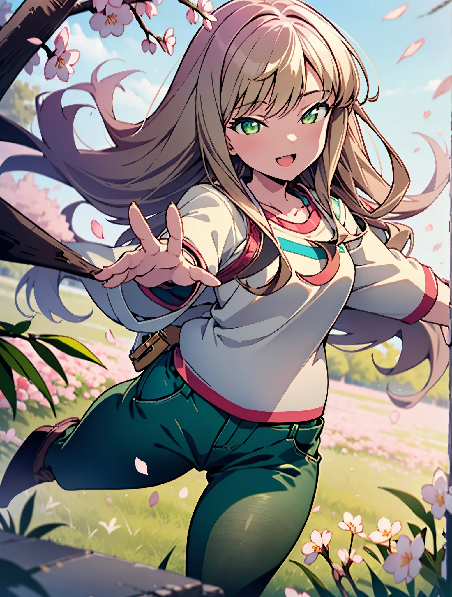 Yume minami ,South　Dream buds, long hair, brown hair, (Green eyes:1.5) (medium chest:1.2),happy smile, smile, open your mouth,White short sleeve hoodie,Both hands are in the pockets of the hoodie,short denim pants,black pantyhose,short boots,cherry blossoms are blooming,Cherry blossoms are scattered,Cherry blossom tree-lined path,
break looking at viewer,whole body,(cowboy shot:1. 5)
break outdoors, garden,
break (masterpiece:1.2), highest quality, High resolution, unity 8k wallpaper, (figure:0.8), (detailed and beautiful eyes:1.6), highly detailed face, perfect lighting, Very detailed CG, (perfect hands, perfect anatomy),