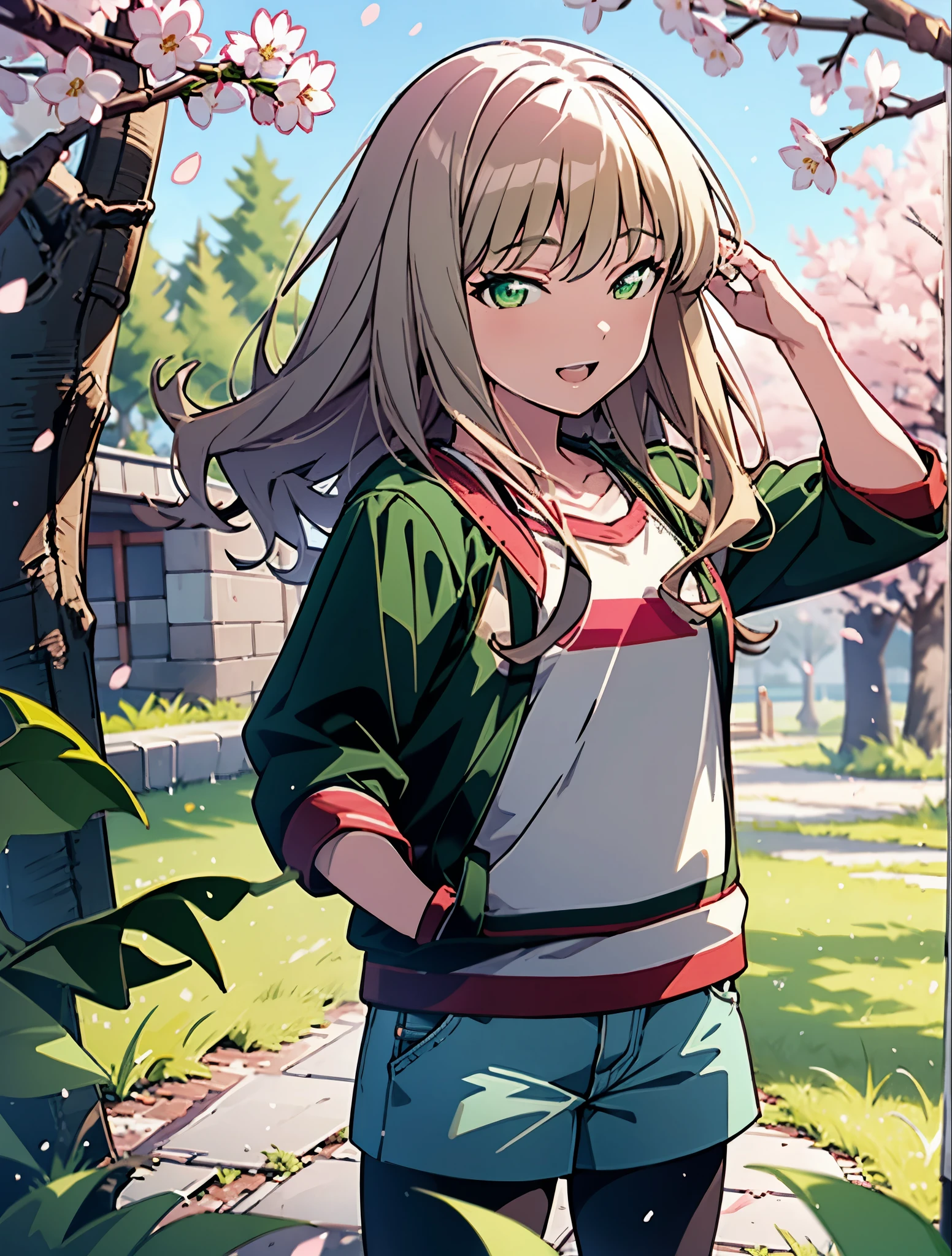 Yume minami ,South　Dream buds, long hair, brown hair, (Green eyes:1.5) (medium chest:1.2),happy smile, smile, open your mouth,White short sleeve hoodie,Both hands are in the pockets of the hoodie,short denim pants,black pantyhose,short boots,cherry blossoms are blooming,Cherry blossoms are scattered,Cherry blossom tree-lined path,
break looking at viewer,whole body,(cowboy shot:1. 5)
break outdoors, garden,
break (masterpiece:1.2), highest quality, High resolution, unity 8k wallpaper, (figure:0.8), (detailed and beautiful eyes:1.6), highly detailed face, perfect lighting, Very detailed CG, (perfect hands, perfect anatomy),