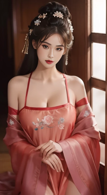 fashion model 20 years old [[[[特写cleavage]]]]Huge long saggy breasts, looking at the audience，cleavage，cleavage, [[[[]]]], [[[[Cole]]]], [[[[bshoulder]]]], perfect eyes, perfect iris，perfect lips，perfect teeth，Perfect skin，long face，Soft headlight，high dynamic range，movie girl，casual，The background is peach blossoms，without hat，（pastel colors：1.2）