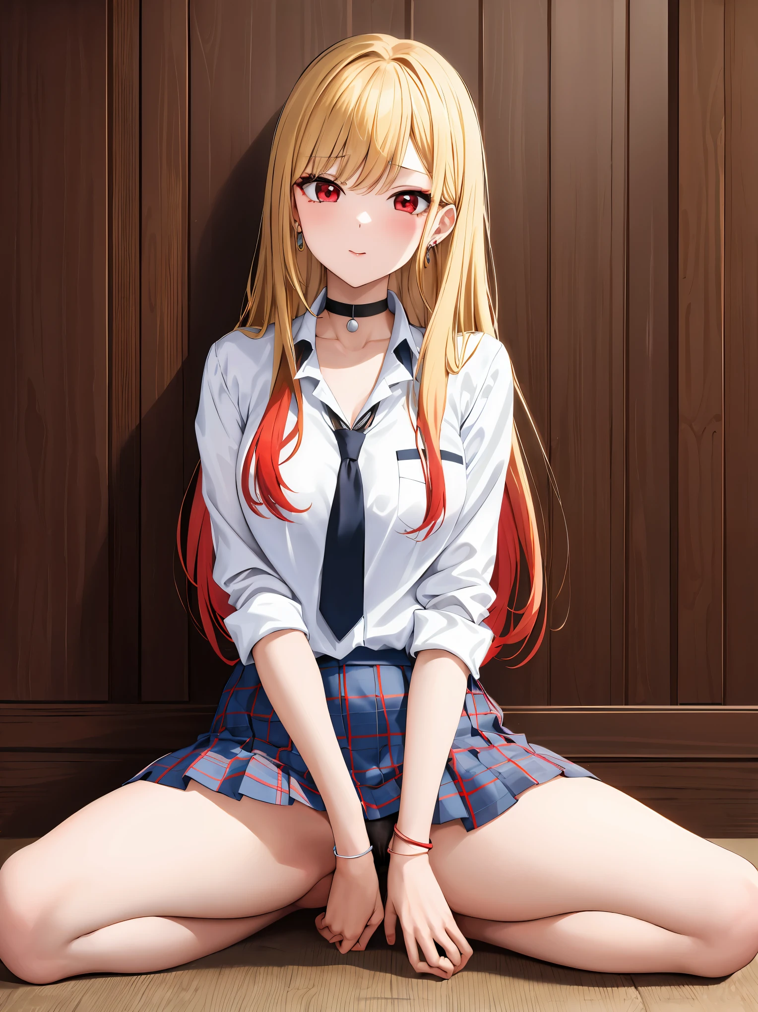 masterpiece, highest quality, High resolution, Kitagawa Marin, 1 girl, blonde hair, long hair, colorful hair, red eyes, jewelry, earrings, earrings, , white shirt, tide shirt, black choker, blue tie, plaid skirt, sitting, spread your legs, panty shot,lace underwear, one's home