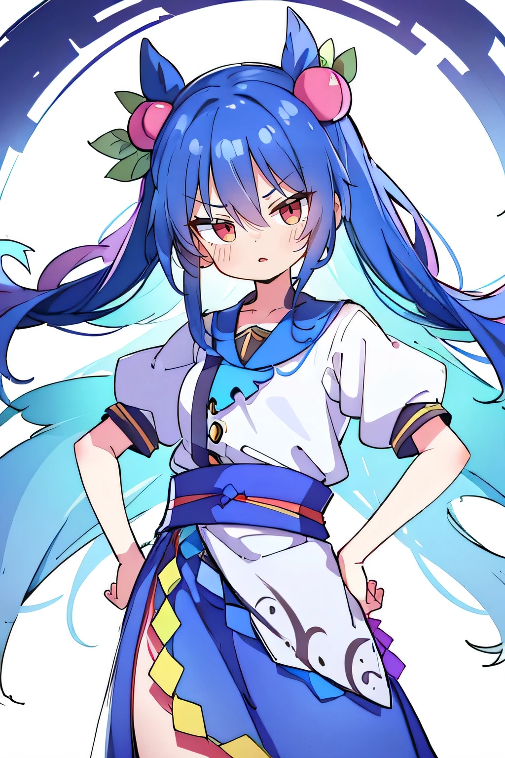 (masterpiece),best quality, expressive eyes, perfect face, 1girl,
 Put your hands on your waist,fair, Gorgeous,Japanese cartoons,girl,lola,Hina Angel, blue hair, blue haired, floating clothes,Grab your waist, Grab your waist, hands on hips , hands on hips,flat chest