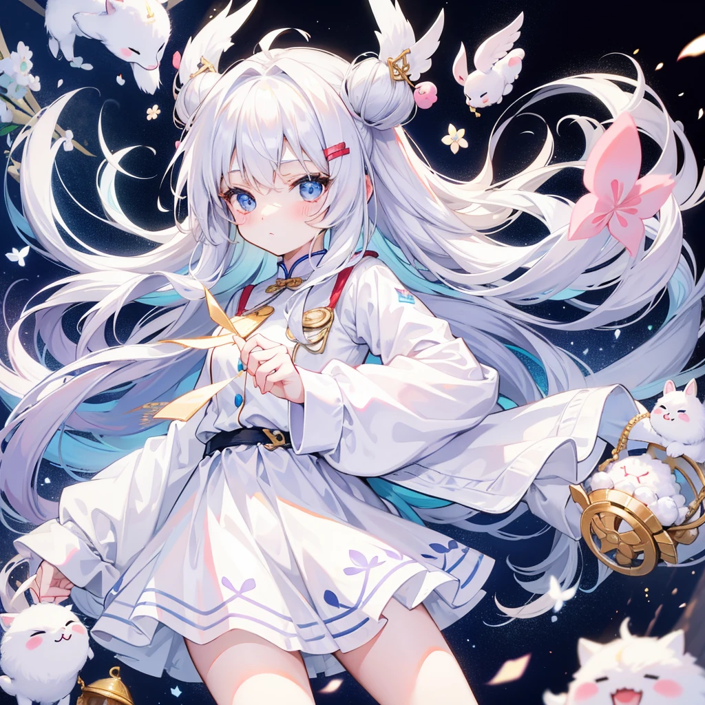 (masterpiece, Highest quality), (Detailed Hair), Very detailed, Anime Style, whole body, alone, Cyberpunk psychic girl, Big cute head scarf, whole body covered in rags, Wanderer Outfit, Gray Hair、Red eyes, Floating in the air, Small stature, Supernatural Aura, Prism Hypnosis Aura. Beautiful and terrifying, Digital Painting, 8K high resolution, Trend Art Station, White Background, whole body, ((Psychic energy ball in hand))