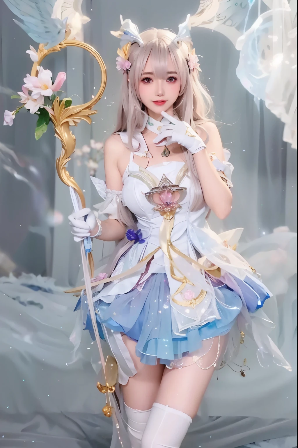 one wearing a skirt、wearing gloves、Arafad image of woman holding a flower in hand, Gorgeous role play, Anime Girls Cosplay, fantasy costumes, Beautiful celestial mage, Astral Witch Clothes, fantasy dress, anime cosplay, magical girl style, Portrait of a magical girl, Ethereal fantasy, sakimicchan frank franzzeta, sakimicchan, 《Genshin》Keqing