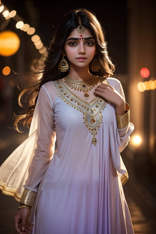 An Indian girl dressed in a Shalwar, an ethereal beauty, attractive feminine form, lovely figure, posing like a professional model, flirty facial expressions, amazingly beautiful, ultra high definition clarity, background bokeh, DSLR shot with a prime lens, romantic lighting