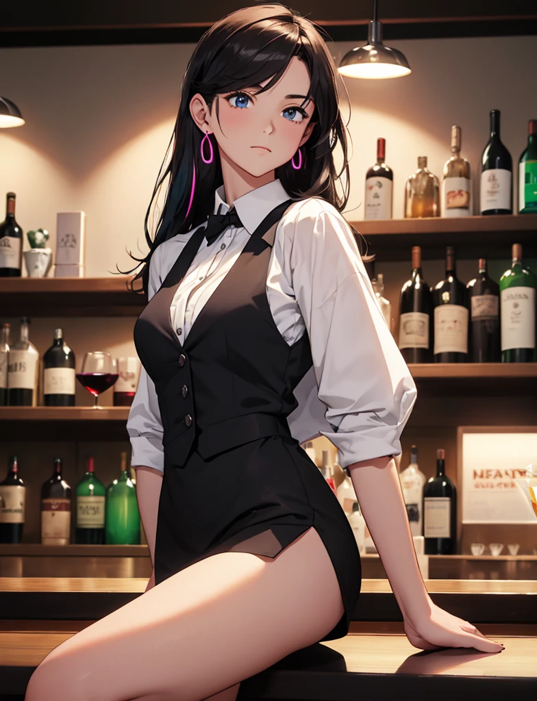 1 lady only, permanent, bartender, (Black vest with white shirt) tie, Stylish clothing, adult, (black hair), (faint smile:0.8), (Masterpiece best quality:1.2) Exquisite illustrations and super detailed, Medium breastBREAK ((Colorful neon lights:1.2 hang on the wall), (Neon tube) glowing rest (Fashion bar) indoors, ((cocktail glass) Filled with colorful wine), (The room is dimly lit), wine bottle, Detailed background