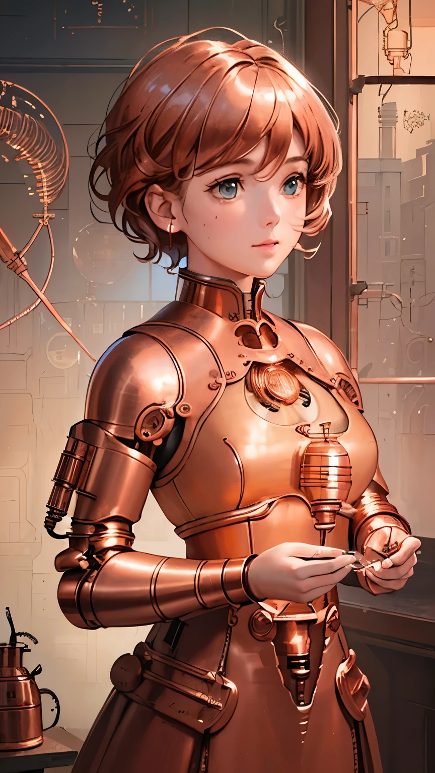(((masterpiece))), (((Best quality))), ((Ultra detailed)), (highly detailed computer illustration), ((very gentle and beautiful)),(sweet gentle face),Cinematic light,((1 mechanical girl)),One,whole body,(machine connections:1.4),((incandescent light bulbs with burning spiral),(hot items, candent)),((copper mechanisms in the body:1.5),,short hair,(Character Focus),Science fiction, visible entrails
