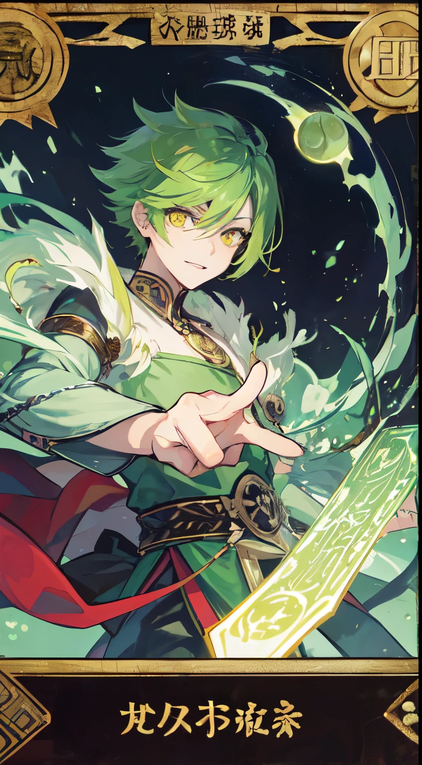 1Man, green hair, sharp yellow eyes, he is the God of Commerce, make it like tarot anime-style but no frame