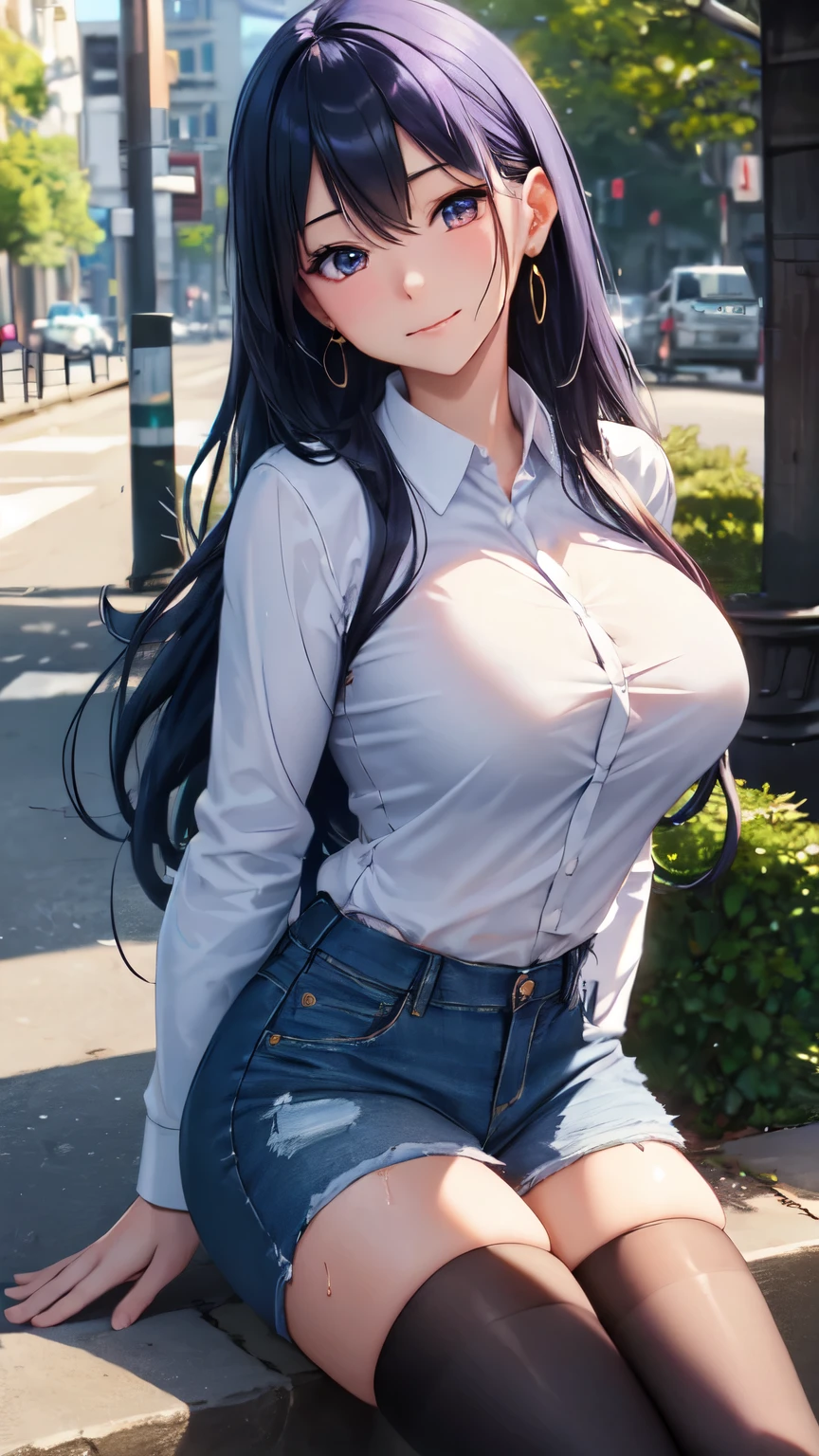 (masterpiece:1.4),(highest quality:1.4),ultra high resolution,((detailed facial features)),HDR,8K resolution,1 girl,blue sky,wavy mouth / :3,(shiny),Sadako,street,shirt,earrings,short jeans,???????????, wet skin,shiny skin,, ,socks over thigh high socks,looking at the viewer,Perfect for your skin,focus only,naughty face,