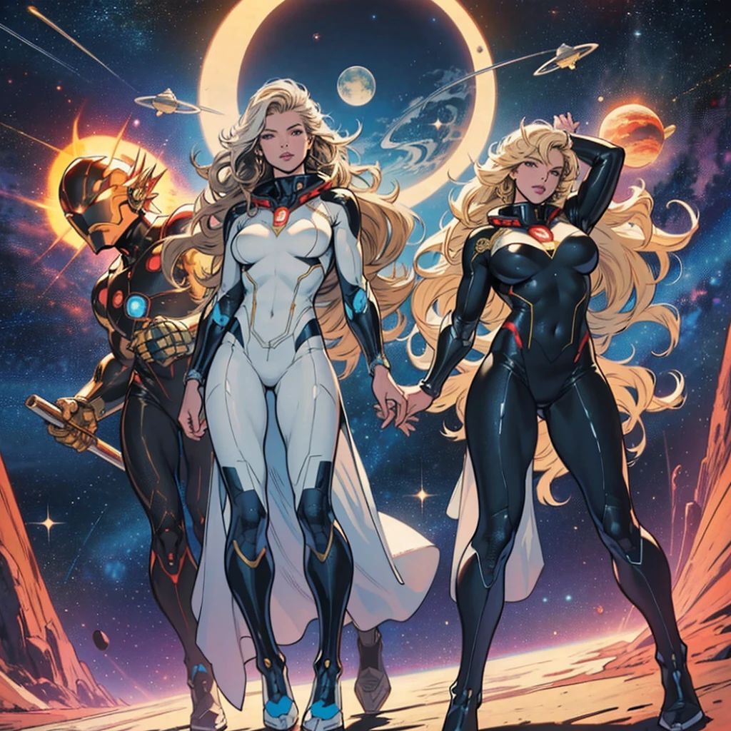 best quality, masterpiece, woman space super hero, beautiful face,full body,hi-tech armour over silver latex suit, long curly blonde hair,in deep space, with several planets and suns in the background