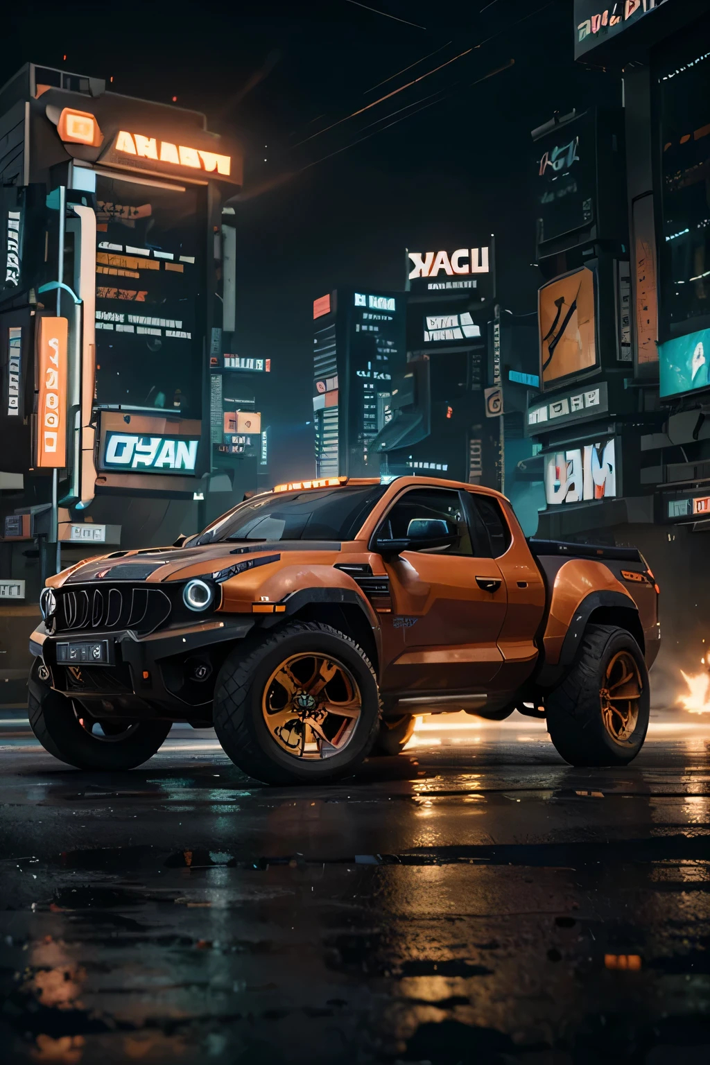 +Photorealistic illustration of a Supersonic Big Truck, futuristic style, Orange color, electric., (((arcane style))), League of Legends style, game modelling, ((cyberpunk style)), Hi-Tech city, mechanical enhancement, (high-tech fantasy), robotics, 3d game, blade runner 2049, (watercolour style), blending of colours, soft gradient, John Singer Sargent, Edward Hopper, (((highly dynamic))), big movements,