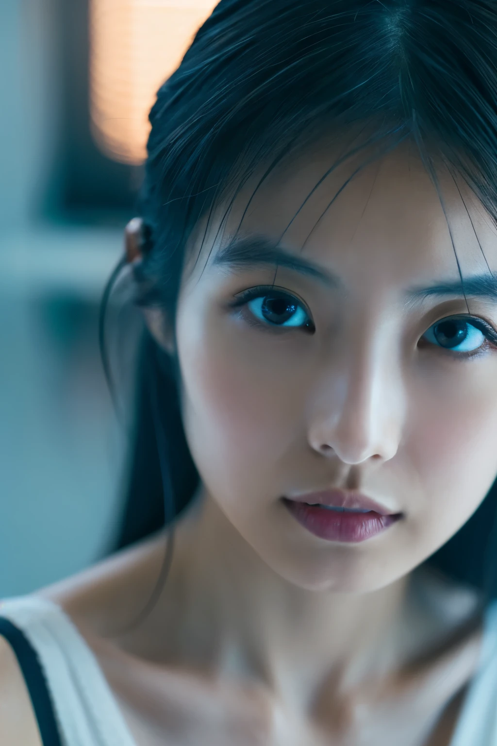 cinematic color, Skinny Japanese woman, 30 years old, cute face, detailed face, detailed eyes, (best quality, ultra-detailed), feminin lighting, messy hair, wearing dark blue lingeries, delicate features, dreamy atmosphere