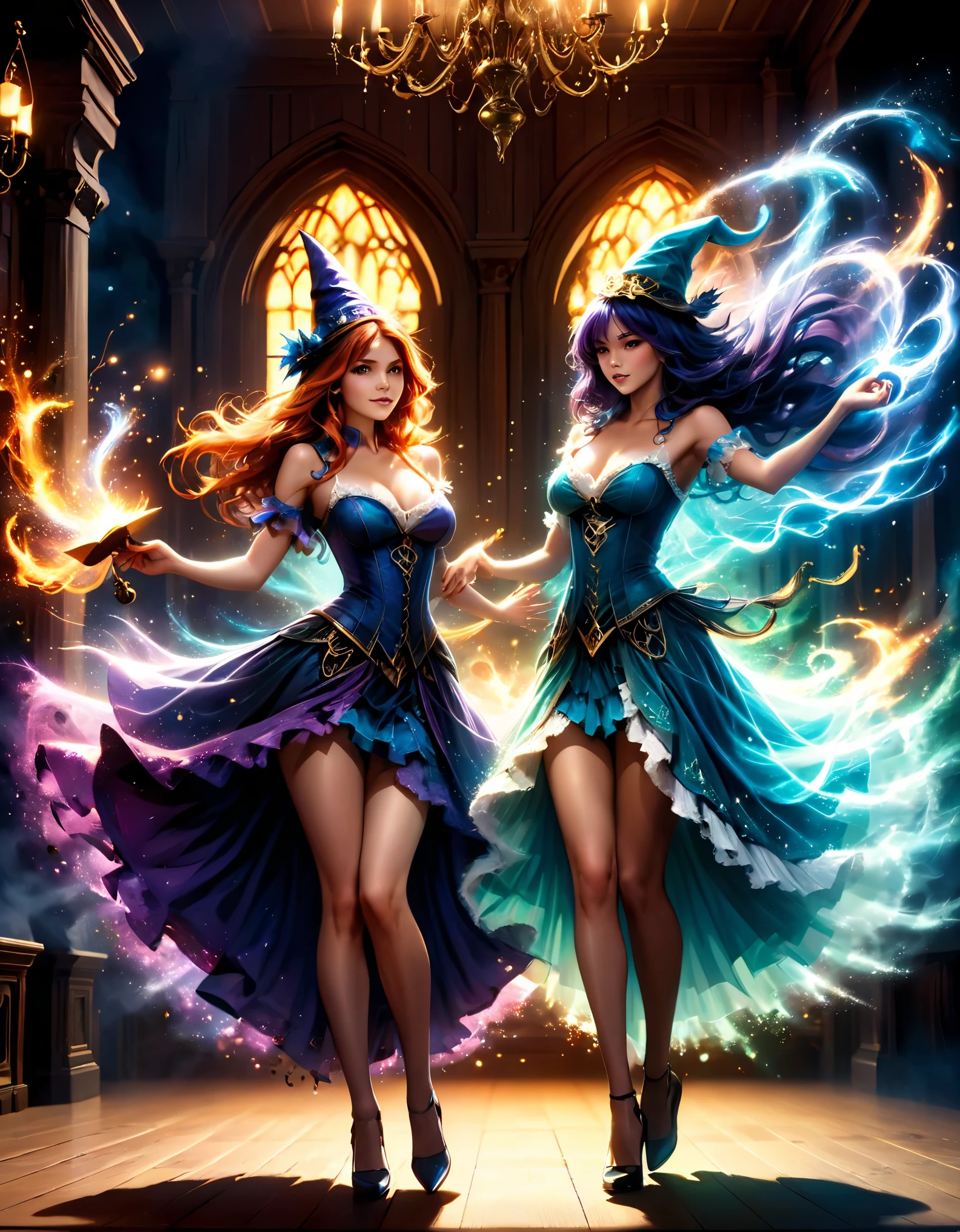 (best quality,4k,8k,highres,masterpiece:1.2),ultra-detailed,(realistic,photorealistic,photo-realistic:1.37),glamorous witches,wand dueling,grand opulent ballroom,intricate magical sigils,dark,moonlit,spellbinding atmosphere,dramatic lighting,ethereal beauty,luxurious velvet gowns,elaborate headdresses,rainbow-hued sparks,mesmerizing movements,spell-casting elegance,whispered incantations,spiraling energy,enchanted symbols,flickering candles,breathtaking spectacle,rippling arcane energy,otherworldly strength,powerful enchantments,mysterious aura,magical prowess,unleashing raw power,dynamic poses,mesmerized spectators,stupefied awe,enchanted onlookers,vivid colors,spellbound onlookers,hypnotic performance,unmatched elegance,transformative magic,enchanted wands,breathtaking duel,clashing spells,room filled with anticipation,grandeur and enchantment,spell-battling witches,mesmerizing duet,energy crackling in the air,riveted gazes,spellbinding choreography,empowered witches,thrilling display of magical artistry