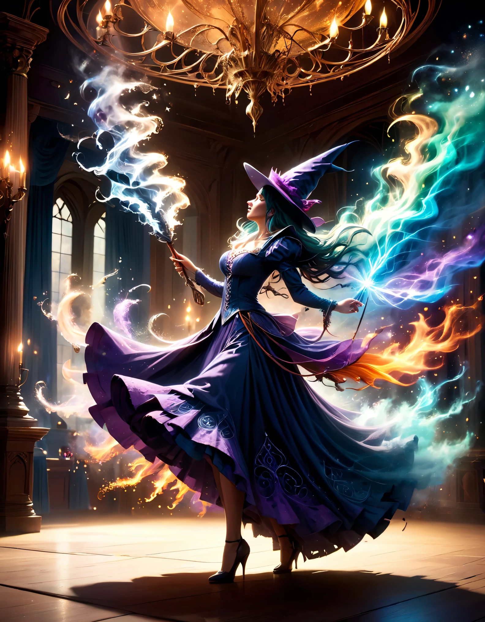 (best quality,4k,8k,highres,masterpiece:1.2),ultra-detailed,(realistic,photorealistic,photo-realistic:1.37),glamorous witches,wand dueling,grand opulent ballroom,intricate magical sigils,dark,moonlit,spellbinding atmosphere,dramatic lighting,ethereal beauty,luxurious velvet gowns,elaborate headdresses,rainbow-hued sparks,mesmerizing movements,spell-casting elegance,whispered incantations,spiraling energy,enchanted symbols,flickering candles,breathtaking spectacle,rippling arcane energy,otherworldly strength,powerful enchantments,mysterious aura,magical prowess,unleashing raw power,dynamic poses,mesmerized spectators,stupefied awe,enchanted onlookers,vivid colors,spellbound onlookers,hypnotic performance,unmatched elegance,transformative magic,enchanted wands,breathtaking duel,clashing spells,room filled with anticipation,grandeur and enchantment,spell-battling witches,mesmerizing duet,energy crackling in the air,riveted gazes,spellbinding choreography,empowered witches,thrilling display of magical artistry