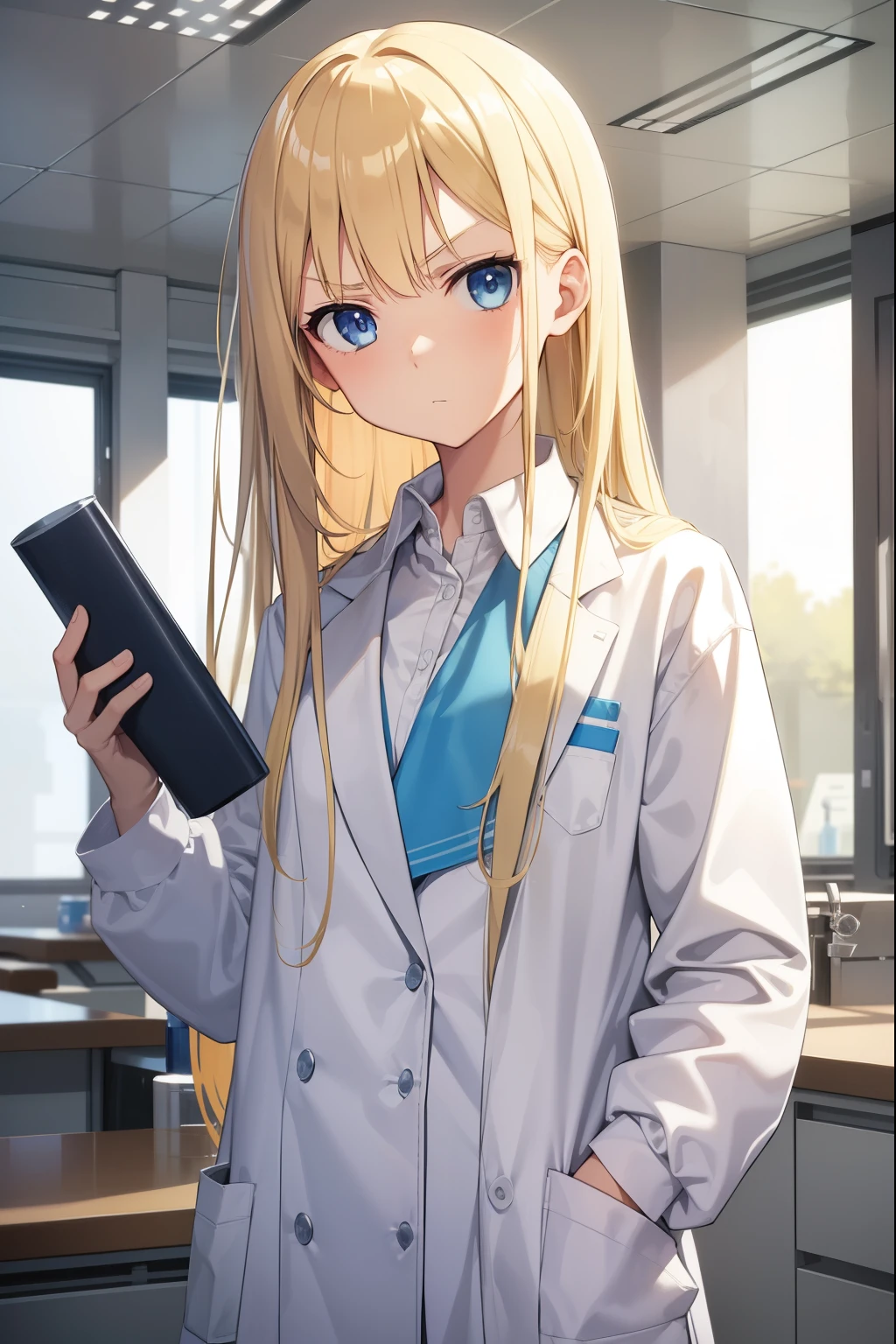 Science Lab,scientist,white clothes,1 girl,blonde,long hair,blue eyes,serious face,Flask on the desk