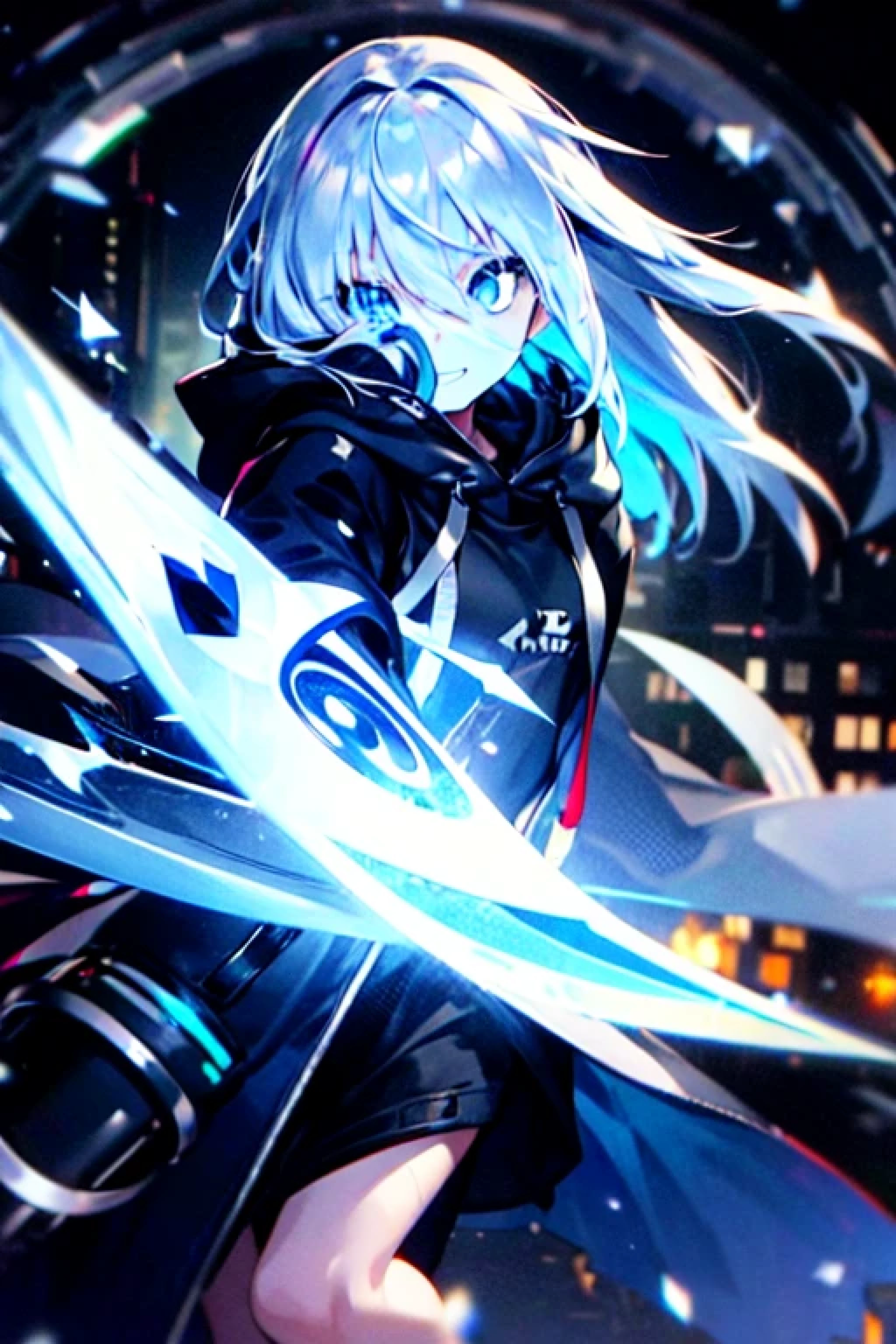 (best image quality), 1 girl, hoodie, hood, 2 2D, anime, night, city, masterpiece, headphone, light blue eye, silver hair, beautiful eye, rich expressive power, big smile, close ~ eye, have a sword