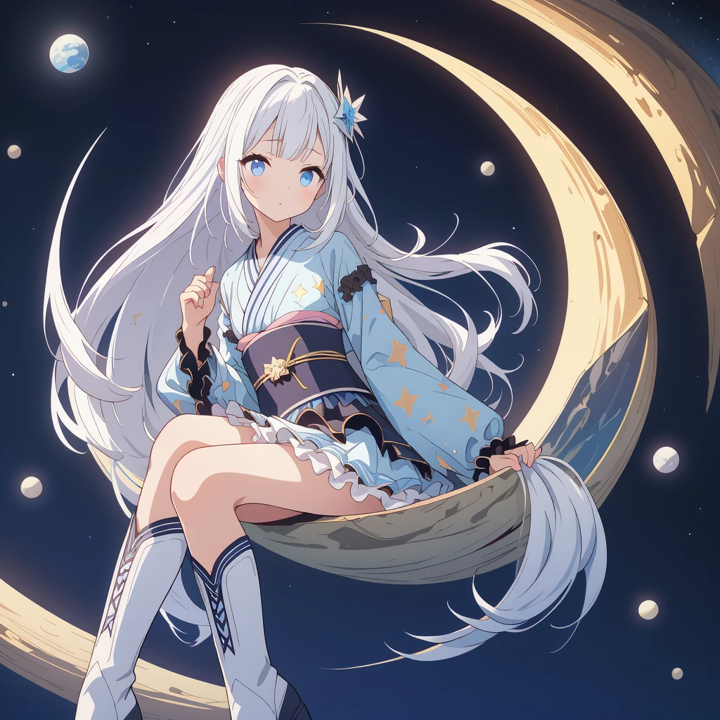 Star Fairy、(masterpiece, best quality), 1girl, sitting on the crescent moon、「A beautifully printed galaxy patterned kimono and gothic lolita outfit.、Space pattern box pleated mini skirt with ruffles、Front view portrait、Knee-high boots、enchanting eyes、Perfect and stunning face、exquisite details、clear image、highest quality。」Milky white and light blue gradient long straight hair、