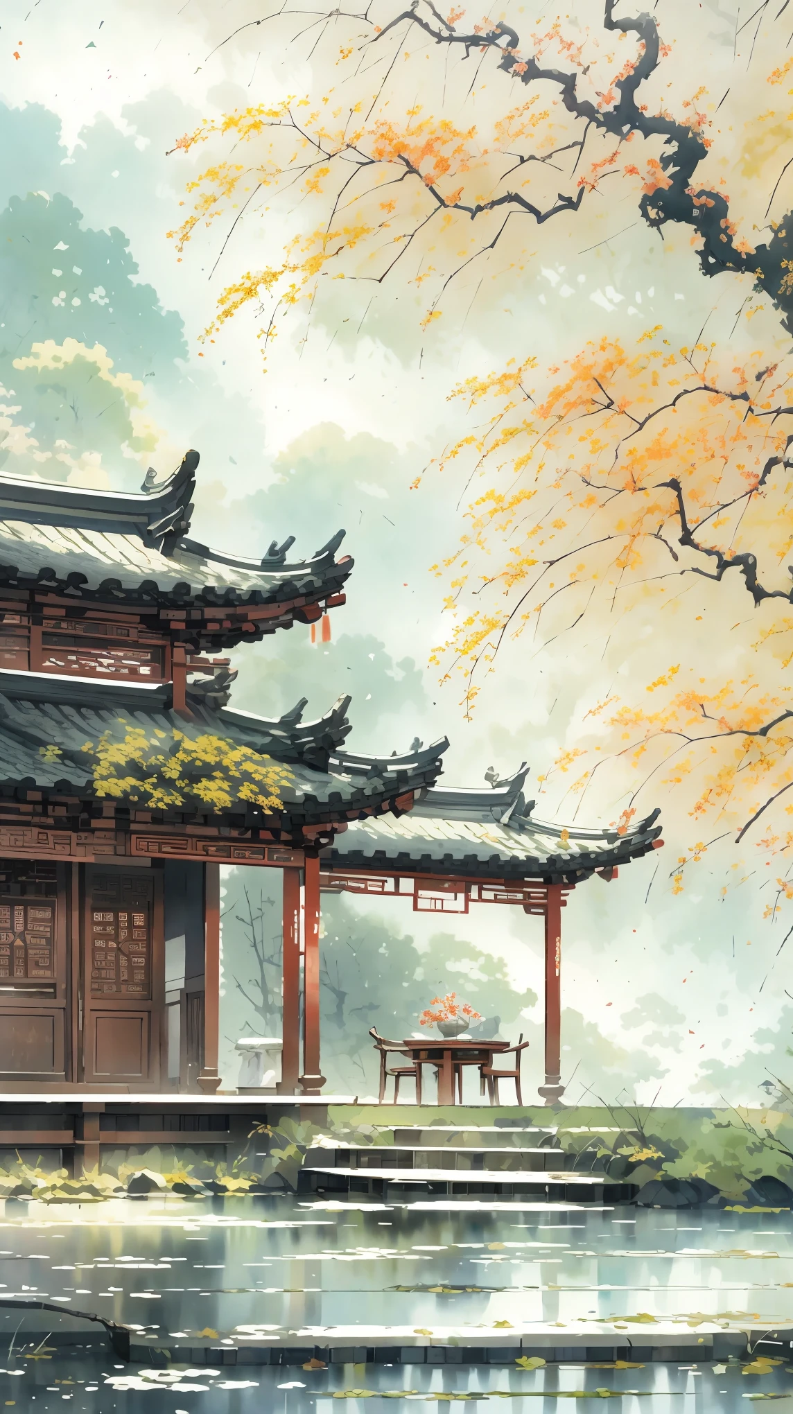 ancient style illustration chinese watercolor landscape painting watercolor maple leaves autumn chinese landscape bare tree branches day flowers and leaves no humans outdoors overgrown plants landscape tree maple water, Antique carved door beam, carved beam paintings, tables and chairs, potted plant, vase, porcelain, trees, flowers, masterpiece, recent quality, best details, beauty