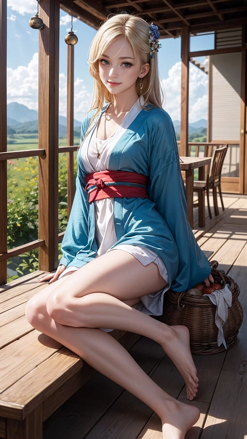 ((最high quality, 8K, masterpiece: 1.3, Ultra HD, high quality, 最high quality, High resolution, realism)) 、A 22-year-old extremely beautiful white woman、Her hair color is platinum blonde、blue eyeedium hair、straight hair、The hair is shiny、The skin is lustrous、smile、Slender but well-proportioned muscular body、Athlete-like body type、I don't want my head to disappear from the screen.、Wearing accessories on your wrist、Wearing red nail polish、I have a peticure、Sitting on the veranda of a Japanese house in the Japanese countryside、It's summer、A wind chime is hung in front of the eaves.、barefoot、There is a basket full of tomatoes and carrots on the veranda.、The basket is made of woven bamboo strips、A courtyard spreads out in front of the verandah.、There is a well with a hand pump in the courtyard.、wear a yukata、The blue sky is beautiful、Cumulus clouds appear、summer sunshine、anatomically correct((anatomically correct))、Ultra high definition((UHD))、textured skin((textured skin))、very detailed((super detail))、high detail((high details))、smile((smile))