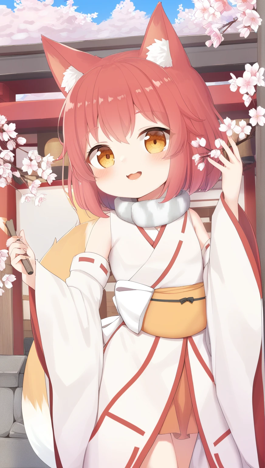1 girl, , Bobbappa，short hair, red hair, fox ears, animal ear fluff, Fox Eyes, cherry blossoms, spring,portrait, whole body，shrine，Red and white striped collar，cherry blossoms吹雪，Fluffy，fox tail，Miko costume