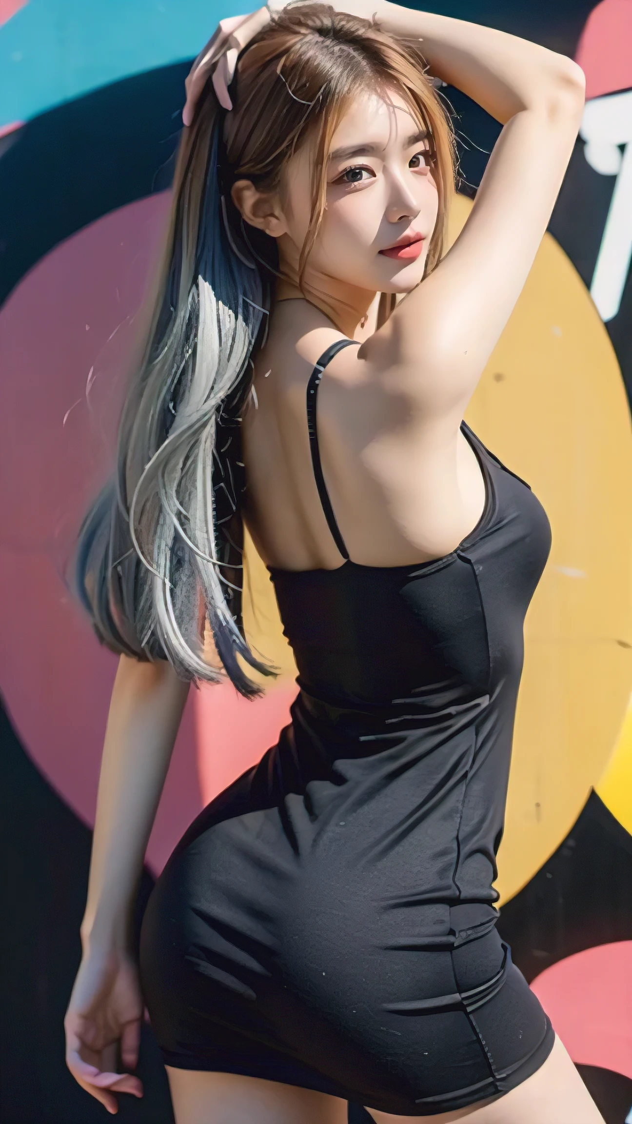 High resolution, masterpiece, highest quality, Ultra Definition 8K Wallpapers, very clear, Majestic panoramic view:1.3, (detailed beautiful face):1.2, A confident and calm smile,(multicolored)hair, silver hair, (yellow)hair, Wavy long hair, (Red) tight dress 1 girl, alone, Area with Colorful Murals and Street Art, Wynwood Walls, Standing with an arched back to emphasize the chest,