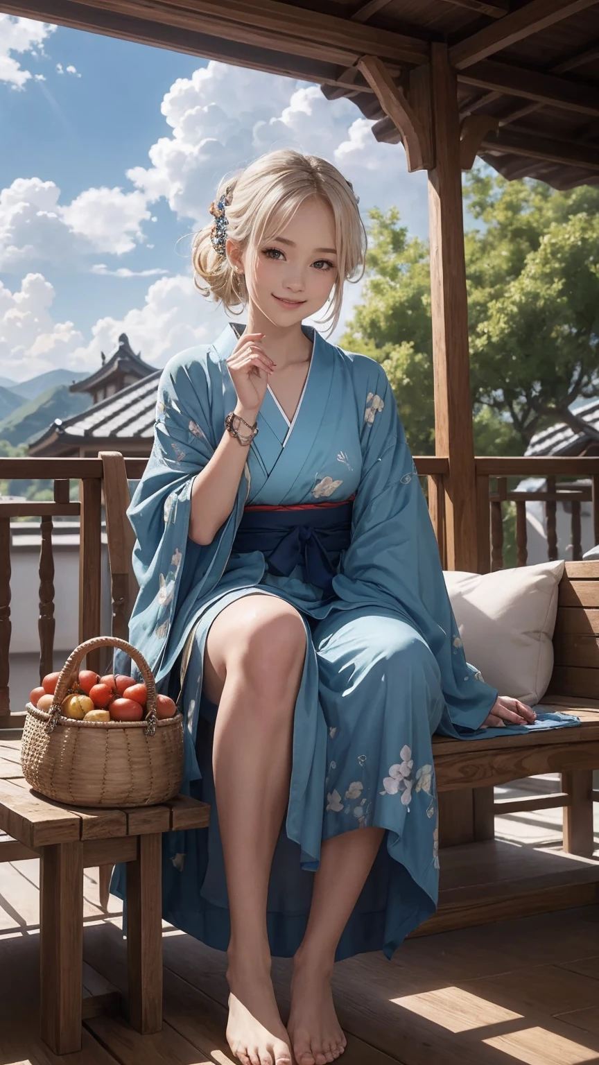 ((最high quality, 8K, masterpiece: 1.3, Ultra HD, high quality, 最high quality, High resolution, realism)) 、A 22-year-old extremely beautiful white woman、Her hair color is platinum blonde、blue eyeedium hair、straight hair、The hair is shiny、The skin is lustrous、smile、Slender but well-proportioned muscular body、Athlete-like body type、I don't want my head to disappear from the screen.、Wearing accessories on your wrist、Wearing red nail polish、I have a peticure、Sitting on the veranda of a Japanese house in the Japanese countryside、It's summer、A wind chime is hung in front of the eaves.、barefoot、There is a basket full of tomatoes and carrots on the veranda.、The basket is made of woven bamboo strips、A courtyard spreads out in front of the verandah.、There is a well with a hand pump in the courtyard.、wear a yukata、The blue sky is beautiful、Cumulus clouds appear、summer sunshine、anatomically correct((anatomically correct))、Ultra high definition((UHD))、textured skin((textured skin))、very detailed((super detail))、high detail((high details))、smile((smile))
