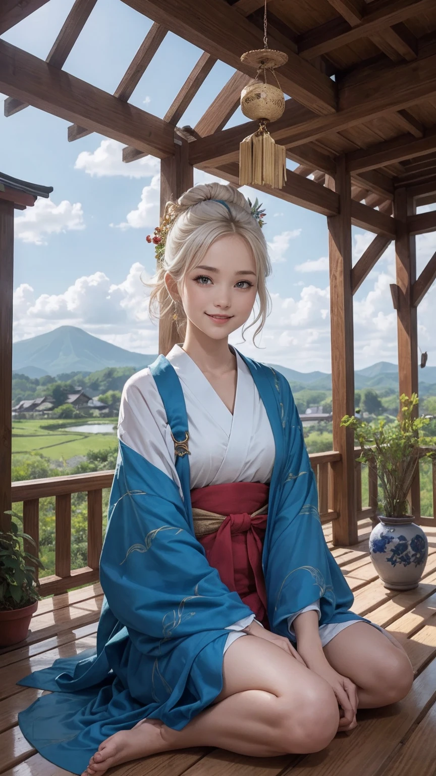 ((最high quality, 8K, masterpiece: 1.3, Ultra HD, high quality, 最high quality, High resolution, realism)) 、A 22-year-old extremely beautiful white woman、Her hair color is platinum blonde、blue eyeedium hair、straight hair、The hair is shiny、The skin is lustrous、smile、Slender but well-proportioned muscular body、Athlete-like body type、I don't want my head to disappear from the screen.、Wearing accessories on your wrist、Wearing red nail polish、I have a peticure、Sitting on the veranda of a Japanese house in the Japanese countryside、It's summer、A wind chime is hung in front of the eaves.、barefoot、There is a basket full of tomatoes and carrots on the veranda.、The basket is made of woven bamboo strips、A courtyard spreads out in front of the verandah.、There is a well with a hand pump in the courtyard.、wear a yukata、The blue sky is beautiful、Cumulus clouds appear、summer sunshine、anatomically correct((anatomically correct))、Ultra high definition((UHD))、textured skin((textured skin))、very detailed((super detail))、high detail((high details))、smile((smile))