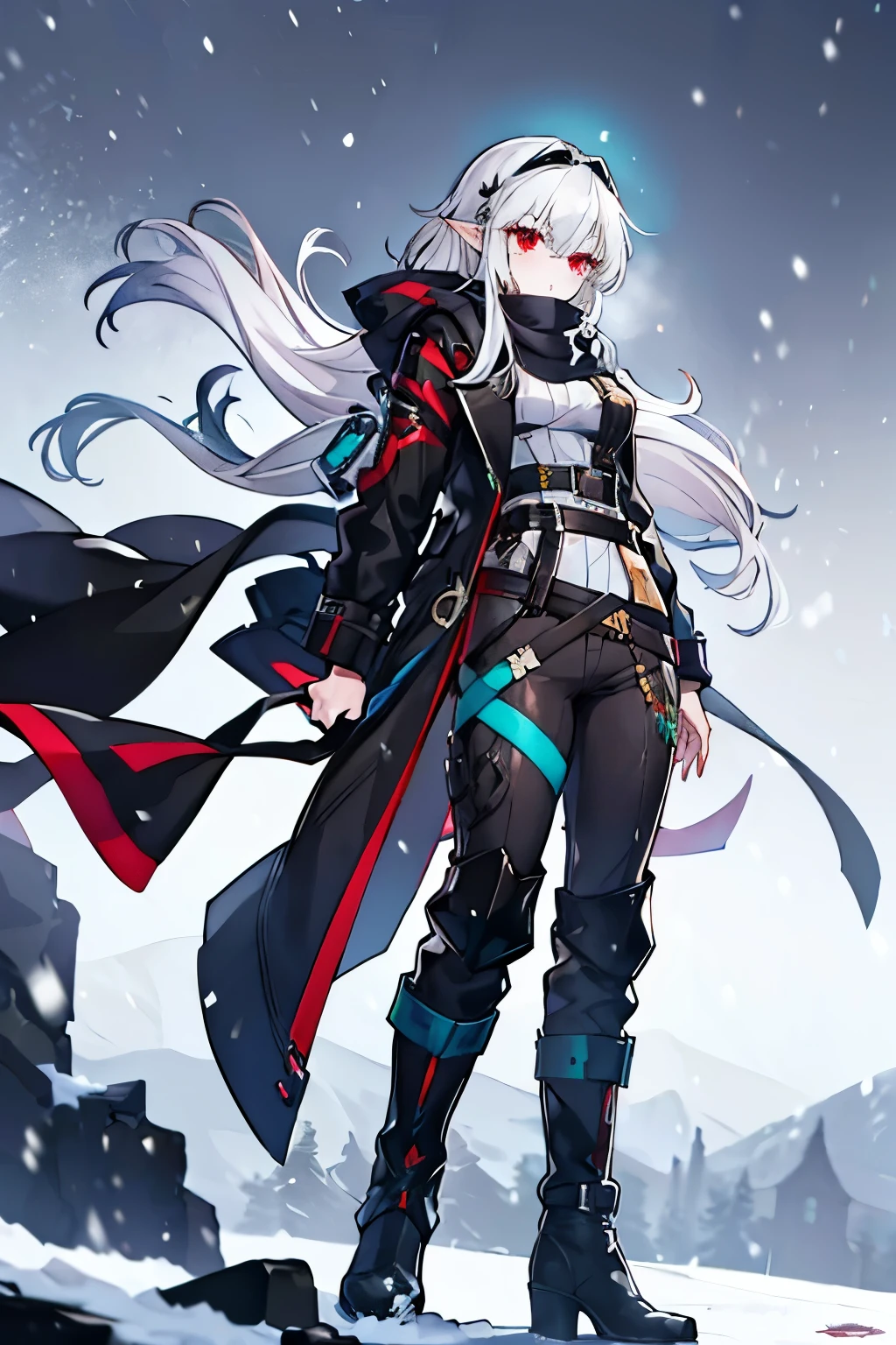 (masterpiece), best quality, expressive eyes, perfect face, sharp eyes, 1girl, solo, medium height, young adult, young woman, big , (long hair, white hair, side locks, bangs, wavy hair), (red eyes, death glare, serious, menacing, leadership aura, glowing eye), average height, medium height, black boots, furry boots, (black pants, snow pants, baggy pants, big pants), (winter goggles, scarf, rhodes island outfit, turquoise scarf), (black scarf, grey undershirt, winter jacket, jacket, winter wear, accessories, big jacket, semi modern, fluffy jacket, hood, winter wear, cyan trims), brown boots, vintage styled outfits, white middle, white ribbon, (big bust, beautiful young woman, pretty girl, pointed ears, elf ears, pointed ear, bangs), (thick thighs, sexy, winter snow goggles, snow goggles)