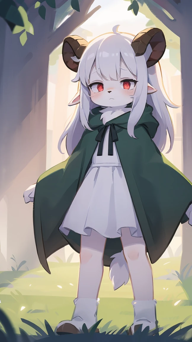 Rori the goat, was hairy, shaggy, skin fur, smooth lashes, white fur, forelimb hands, straight long white hair, solid circle eyes, ((goat horns)), white facial fur, shiny hair, red eyes, super cute face, 1goat tail, fluffy tail, furry tail, glowing eyes, green cloak, white skirt, standing, sad face, ambient light, ultra-fine fur, dashed eyes, full body, masterpiece, high quality, high-details, best quality, wide short, (((solo)))