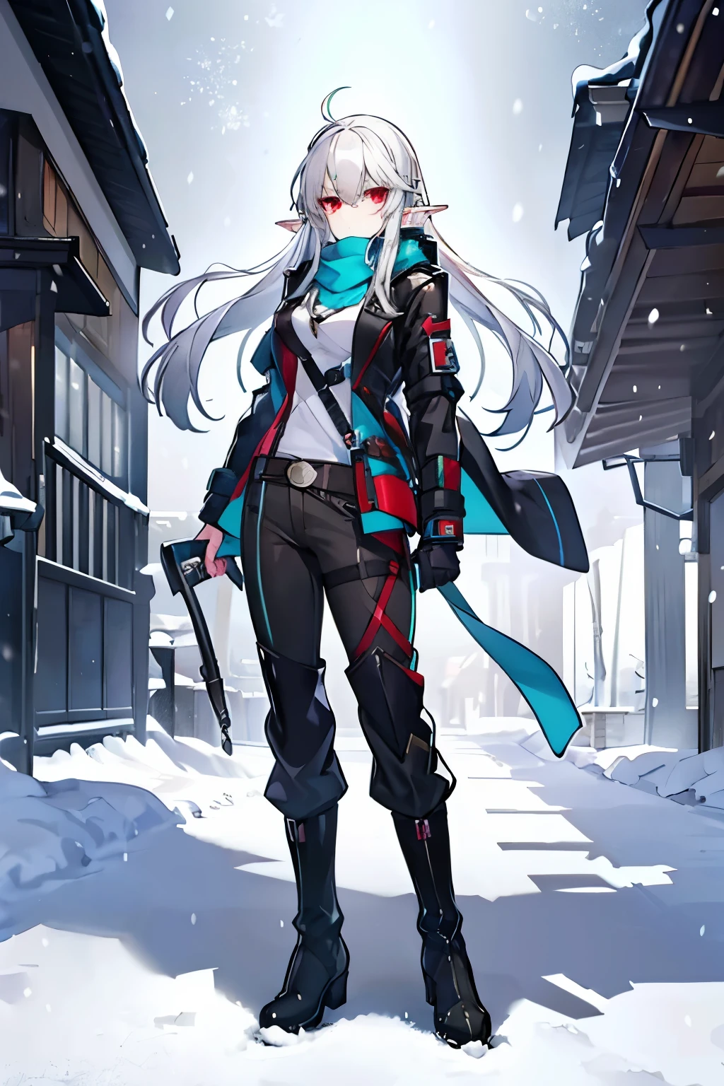 (masterpiece), best quality, expressive eyes, perfect face, sharp eyes, 1girl, solo, medium height, young adult, young woman, big , (long hair, white hair, side locks, bangs, wavy hair), (red eyes, death glare, serious, menacing, leadership aura, glowing eye), average height, medium height, black boots, furry boots, (black pants, snow pants, baggy pants, big pants), (winter goggles, scarf, rhodes island outfit, turquoise scarf), (black scarf, grey undershirt, winter jacket, jacket, winter wear, accessories, big jacket, semi modern, fluffy jacket, hood, winter wear, cyan trims), brown boots, vintage styled outfits, white middle, white ribbon, (big bust, beautiful young woman, pretty girl, pointed ears, elf ears, pointed ear, bangs), (thick thighs, sexy, winter snow goggles, snow goggles)