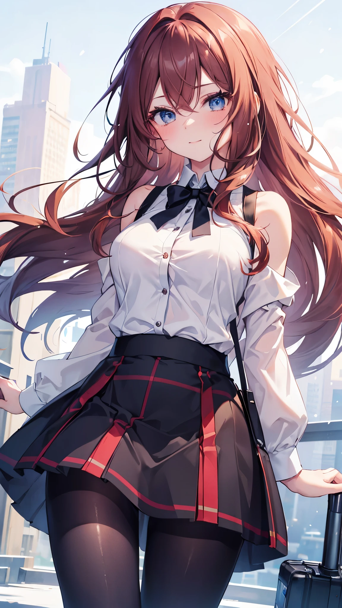 ((masterpiece, highest quality, High resolution, 超High resolution, pixel perfect, Depth of the bounds written, 4k, RTX, human development report))), 1 girl, single, alone, beauty、see the whole body、 ((long hair, Short Liuhai, reddish brown hair)), ((blue eyes, beautiful eyelashes, realistic eyes)), ((detailed face, blush:1.2)), ((smooth texture:0.75, lively质感:0.65, lively:1.1, Anime CG style)), medium breasts, perfect body, (( white shirt,Shirt buttons open,expose her breasts,plaid skirt,black tights)), smile, Tea brewing posture, (The wind blows hair，bare shoulders、expose her breasts、black tights) , It snows heavily at night