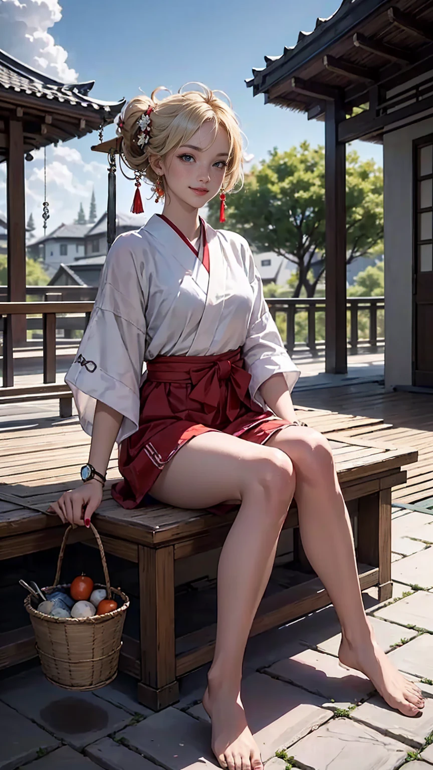 ((最high quality, 8K, masterpiece: 1.3, Ultra HD, high quality, 最high quality, High resolution, realism)) 、A 22-year-old extremely beautiful white woman、Her hair color is platinum blonde、blue eyeedium hair、straight hair、The hair is shiny、The skin is lustrous、smile、Slender but well-proportioned muscular body、Athlete-like body type、I don't want my head to disappear from the screen.、Wearing accessories on your wrist、Wearing red nail polish、I have a peticure、Sitting on the veranda of a Japanese house in the Japanese countryside、It's summer、A wind chime is hung in front of the eaves.、barefoot、There is a basket full of tomatoes and carrots on the veranda.、The basket is made of woven bamboo strips、A courtyard spreads out in front of the verandah.、There is a well with a hand pump in the courtyard.、wear a yukata、The blue sky is beautiful、Cumulus clouds appear、summer sunshine、anatomically correct((anatomically correct))、Ultra high definition((UHD))、textured skin((textured skin))、very detailed((super detail))、high detail((high details))、smile((smile))