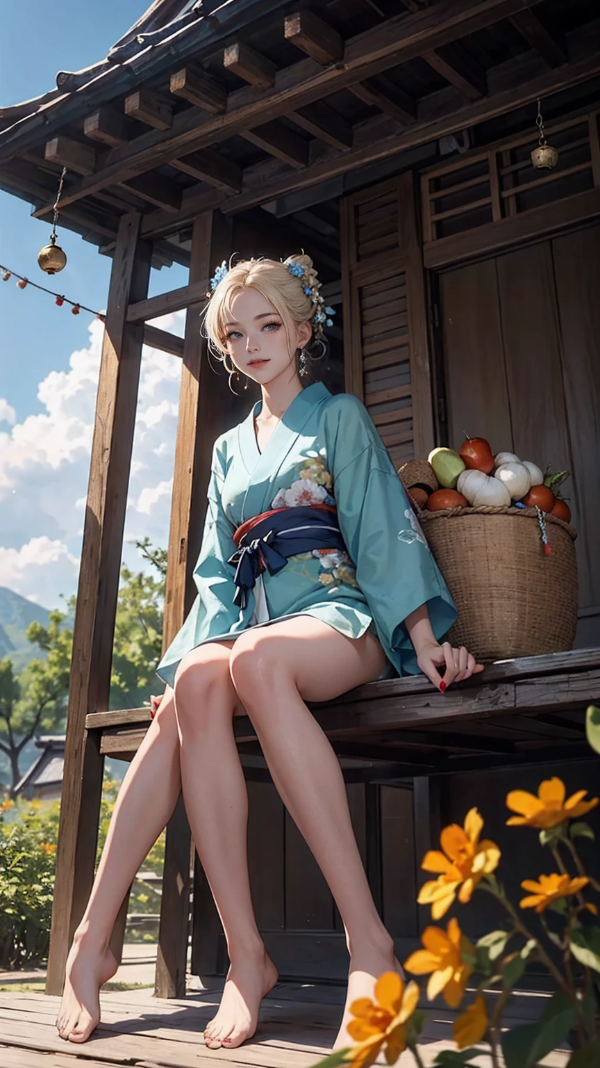 ((最high quality, 8K, masterpiece: 1.3, Ultra HD, high quality, 最high quality, High resolution, realism)) 、A 22-year-old extremely beautiful white woman、Her hair color is platinum blonde、blue eyeedium hair、straight hair、The hair is shiny、The skin is lustrous、smile、Slender but well-proportioned muscular body、Athlete-like body type、I don't want my head to disappear from the screen.、Wearing accessories on your wrist、Wearing red nail polish、I have a peticure、Sitting on the veranda of a Japanese house in the Japanese countryside、It's summer、A wind chime is hung in front of the eaves.、barefoot、There is a basket full of tomatoes and carrots on the veranda.、The basket is made of woven bamboo strips、A courtyard spreads out in front of the verandah.、There is a well with a hand pump in the courtyard.、wear a yukata、The blue sky is beautiful、Cumulus clouds appear、summer sunshine、anatomically correct((anatomically correct))、Ultra high definition((UHD))、textured skin((textured skin))、very detailed((super detail))、high detail((high details))、smile((smile))