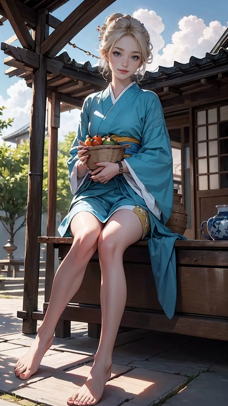 ((最high quality, 8K, masterpiece: 1.3, Ultra HD, high quality, 最high quality, High resolution, realism)) 、A 22-year-old extremely beautiful white woman、Her hair color is platinum blonde、blue eyeedium hair、straight hair、The hair is shiny、The skin is lustrous、smile、Slender but well-proportioned muscular body、Athlete-like body type、I don't want my head to disappear from the screen.、Wearing accessories on your wrist、Wearing red nail polish、I have a peticure、Sitting on the veranda of a Japanese house in the Japanese countryside、It's summer、A wind chime is hung in front of the eaves.、barefoot、There is a basket full of tomatoes and carrots on the veranda.、The basket is made of woven bamboo strips、A courtyard spreads out in front of the verandah.、There is a well with a hand pump in the courtyard.、wear a yukata、The blue sky is beautiful、Cumulus clouds appear、summer sunshine、anatomically correct((anatomically correct))、Ultra high definition((UHD))、textured skin((textured skin))、very detailed((super detail))、high detail((high details))、smile((smile))