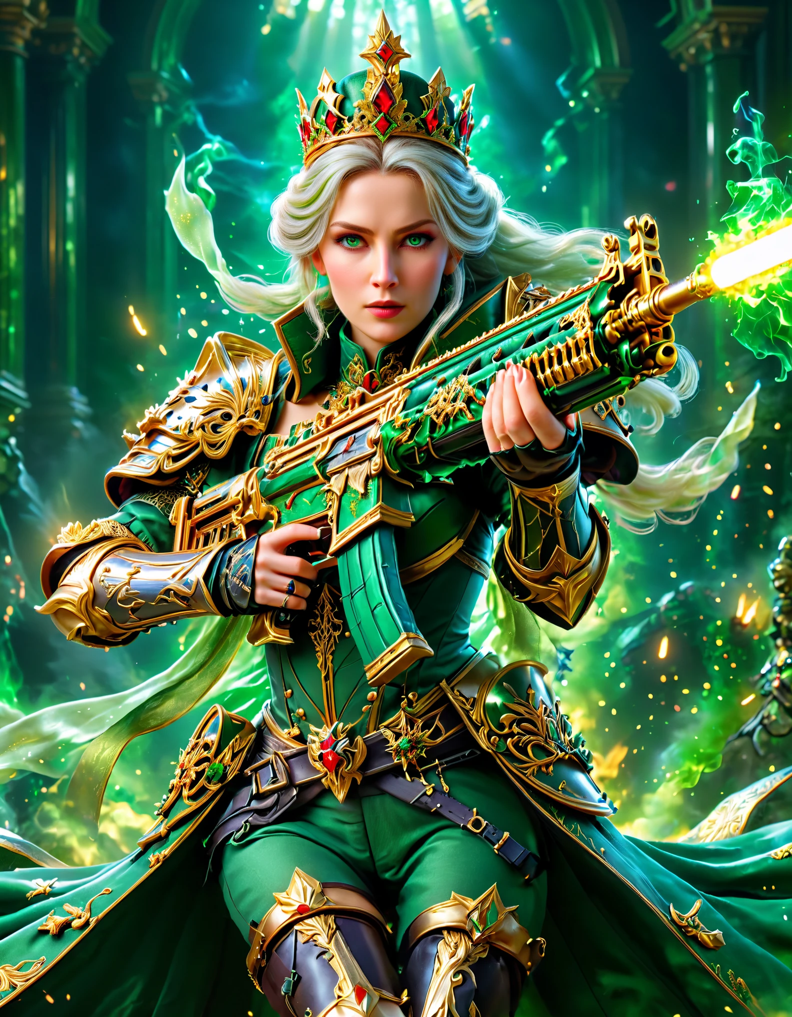 Catherine the Great,Dressed in medieval general's uniform,Double-breasted green military uniform,wearing a crown,holding assault rifle,Green magic element,green fire,Fantasy fairy tale background,fear,bloody,Ultra HD animation,Beautiful animation,Neon lights,(Liquid light background),(UHD, masterpiece, ccurate, anatomically correct, textured skin, super detail, high details, award winning, best quality, 8k)