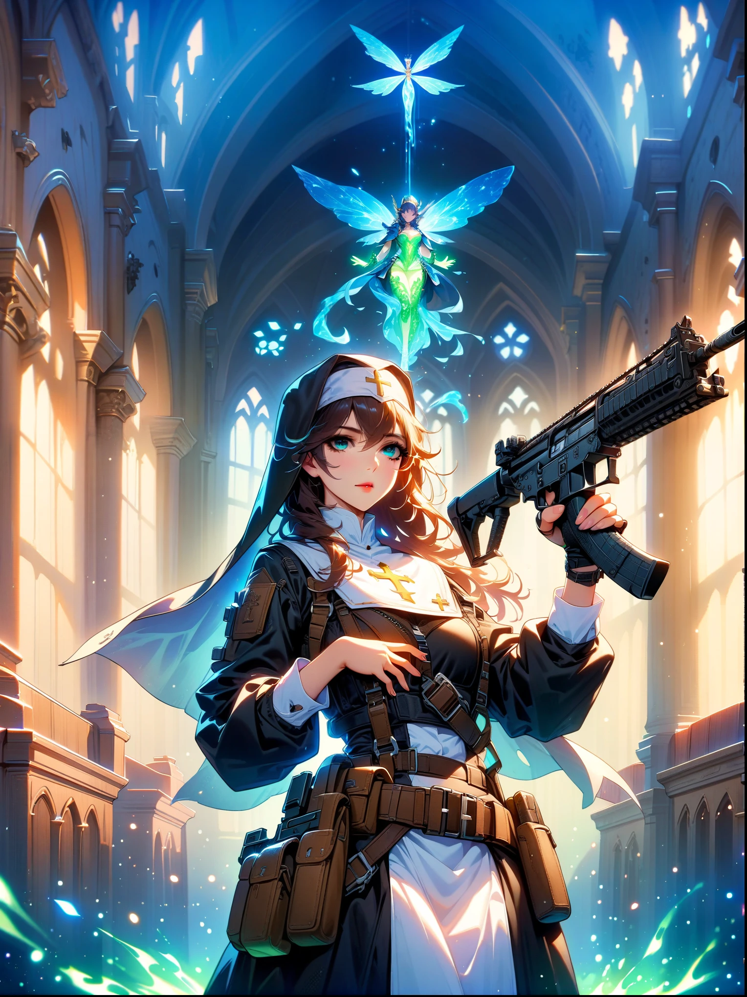 (nun in beautiful church:1.6),holding assault rifle,Green magic element,green fire,Fantasy fairy tale background,fear,bloody,Ultra HD animation,Beautiful animation,Neon lights,(Liquid light background),(UHD, masterpiece, ccurate, anatomically correct, textured skin, super detail, high details, award winning, best quality, 8k)