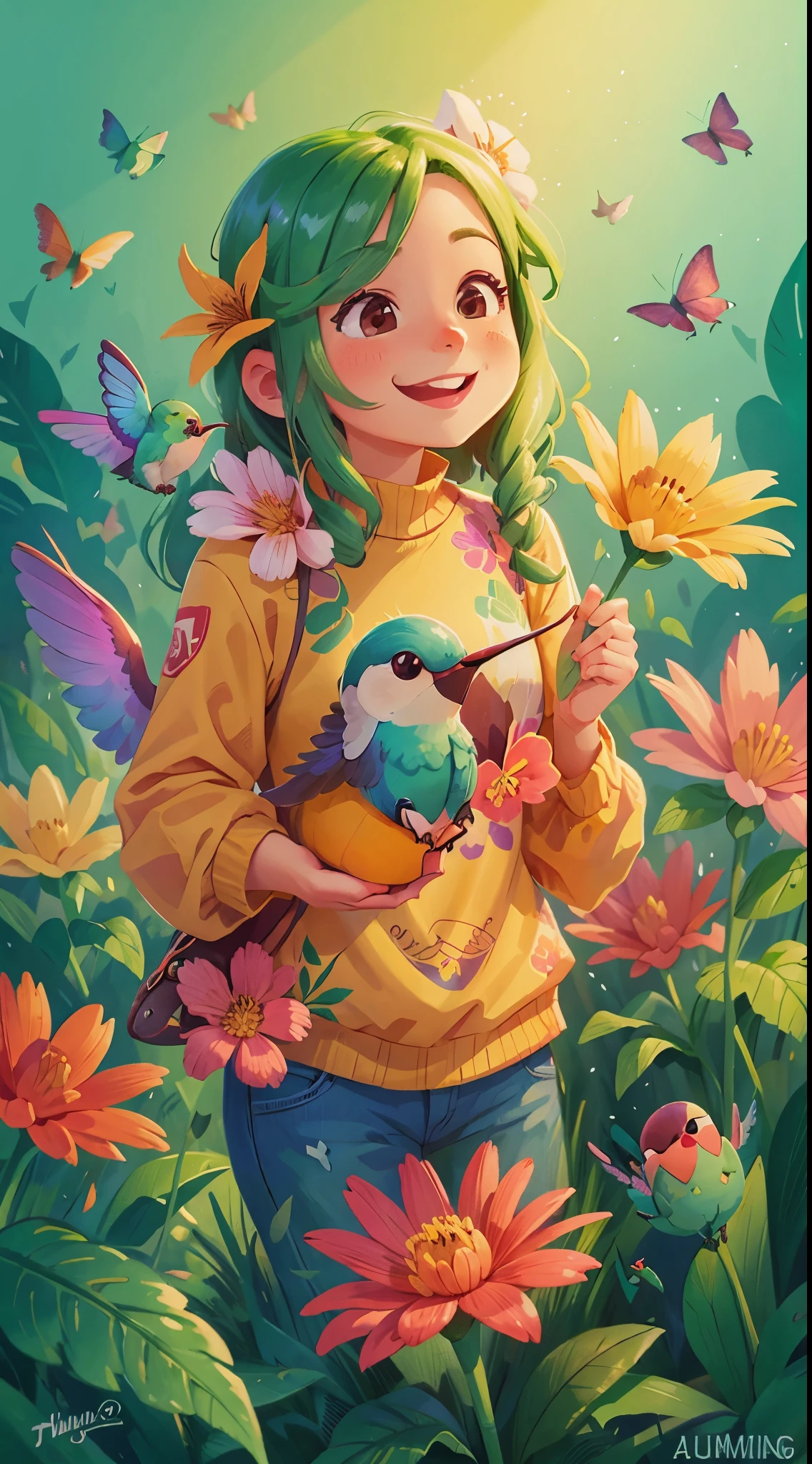 a smiling hummingbird, among various flowers.