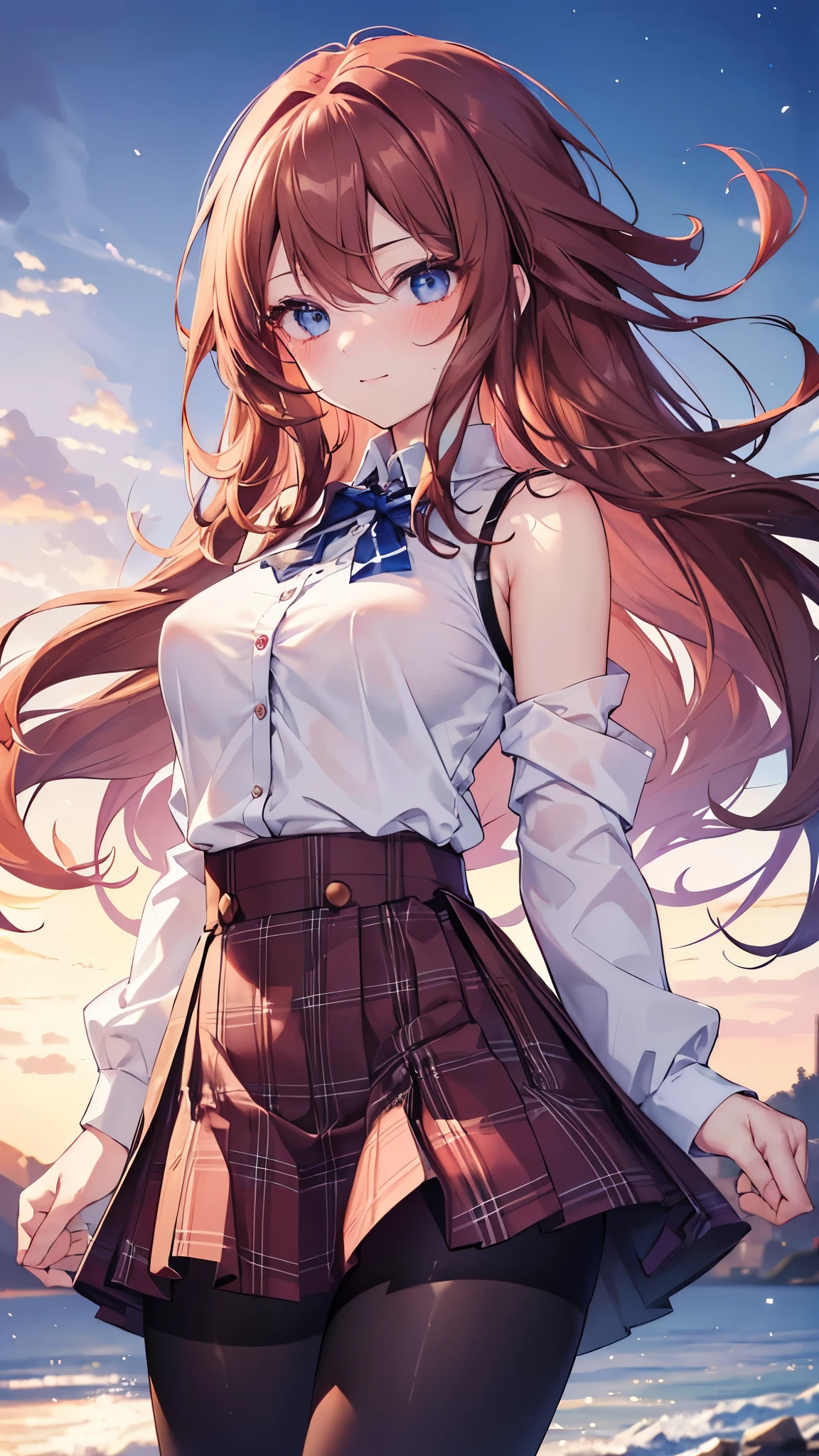 ((masterpiece, highest quality, High resolution, 超High resolution, pixel perfect, Depth of the bounds written, 4k, RTX, human development report))), 1 girl, single, alone, beauty、see the whole body、 ((long hair, Short Liuhai, reddish brown hair)), ((blue eyes, beautiful eyelashes, realistic eyes)), ((detailed face, blush:1.2)), ((smooth texture:0.75, lively质感:0.65, lively:1.1, Anime CG style)), medium breasts, perfect body, (( white shirt,Shirt buttons open,expose her breasts,plaid skirt,black tights)), smile, Tea brewing posture, (The wind blows hair，bare shoulders、expose her breasts、black tights) , It snows heavily at night