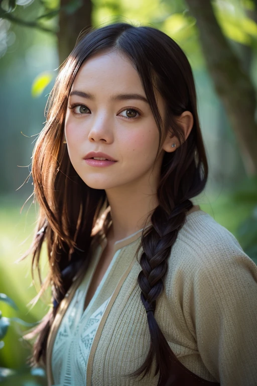 female ranger, smile, halfling ears, ((Emma Stone)), elegantly dressed in olive and brown robes with a hint of leather armor for added durability, hood drawn up to reveal only her cyan eyes and the tip of her braided blonde hair, standing amidst a serene yet mysterious forest scene, with each strand of her hair intricately detailed and every wrapper of her attire finely textured, the oil paint skillfully capturing the luminescence in her cyan eyes, the play of light and shadow on the forest floor, and the tranquility of the natural surroundings. The painting is rendered in incredible detail, with a high resolution revealing every fiber. High detail RAW colored art,  (detailed skin, skin texture), natural atmosphere, (muscle), intricate details, fine details, hyperdetailed, ray tracing, subsurface scattering, diffuse soft lighting, shallow depth of field, by (Oliver Wetter) Atey Ghailan, by Jeremy Mann, Greg Manchess, Antonio Moro, trend at ArtStation, trend at CGSociety, Intricate, High Detail, Sharp focus, dramatic and photorealistic painting art by midjourney and greg rutkowski, bokeh in the background,  jacket, best quality, masterpiece